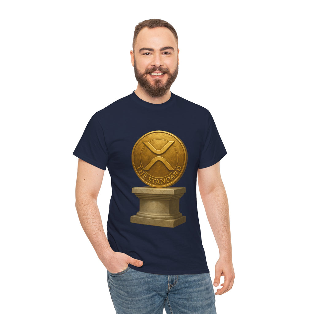 XRP Ledger Trophy T‑Shirt – Gold Ripple Coin on Pedestal Crypto Tee