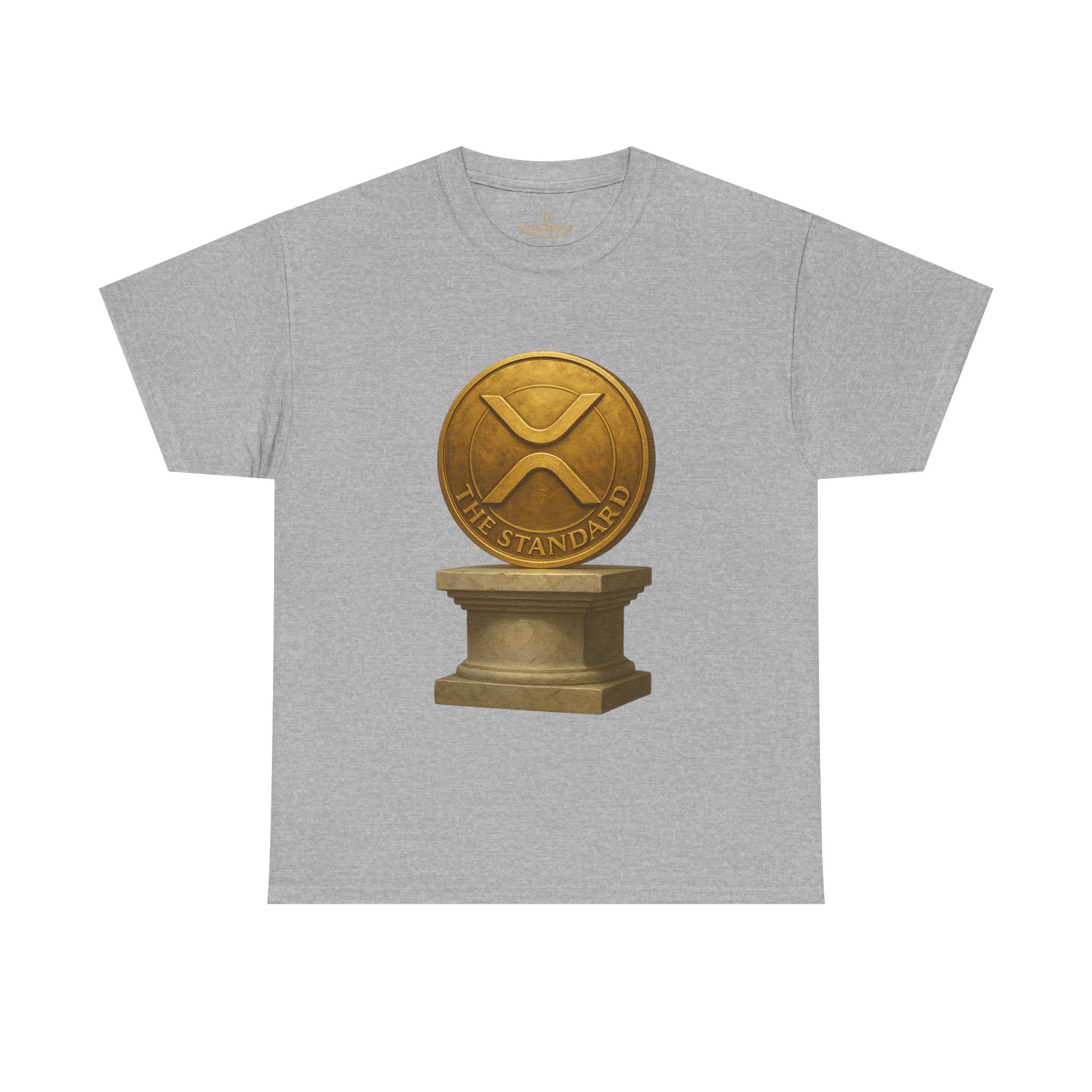 XRP Ledger Trophy T‑Shirt – Gold Ripple Coin on Pedestal Crypto Tee