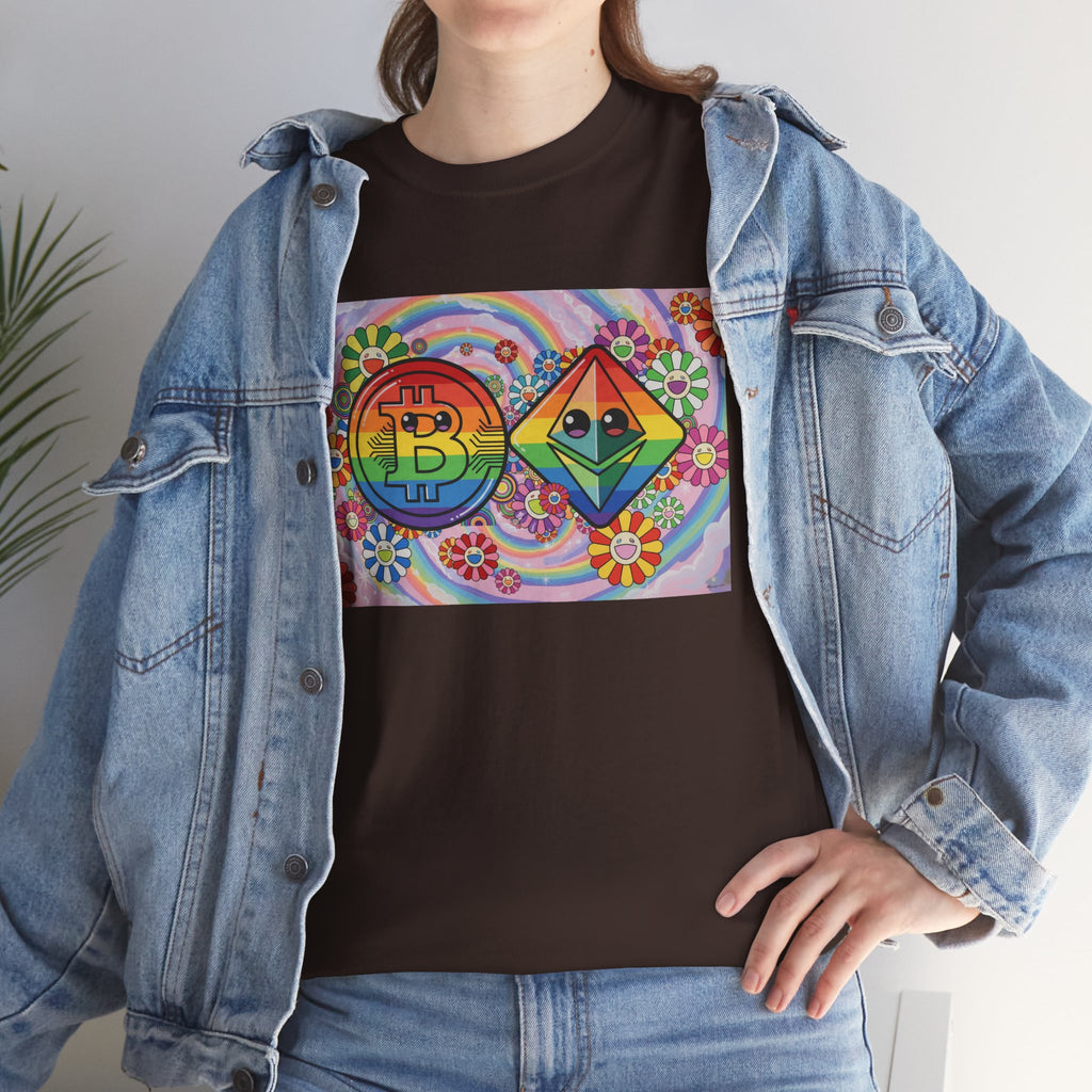 Crypto Rainbow T-Shirt — Bitcoin & Ethereum Hippie Art Tee