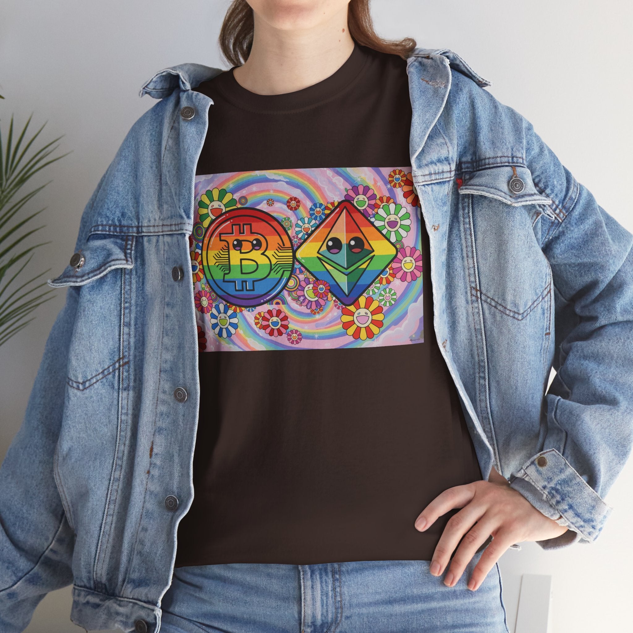 Crypto Rainbow T-Shirt — Bitcoin & Ethereum Hippie Art Tee