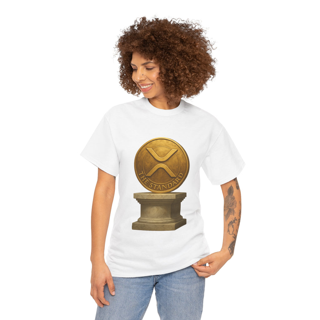 XRP Ledger Trophy T‑Shirt – Gold Ripple Coin on Pedestal Crypto Tee