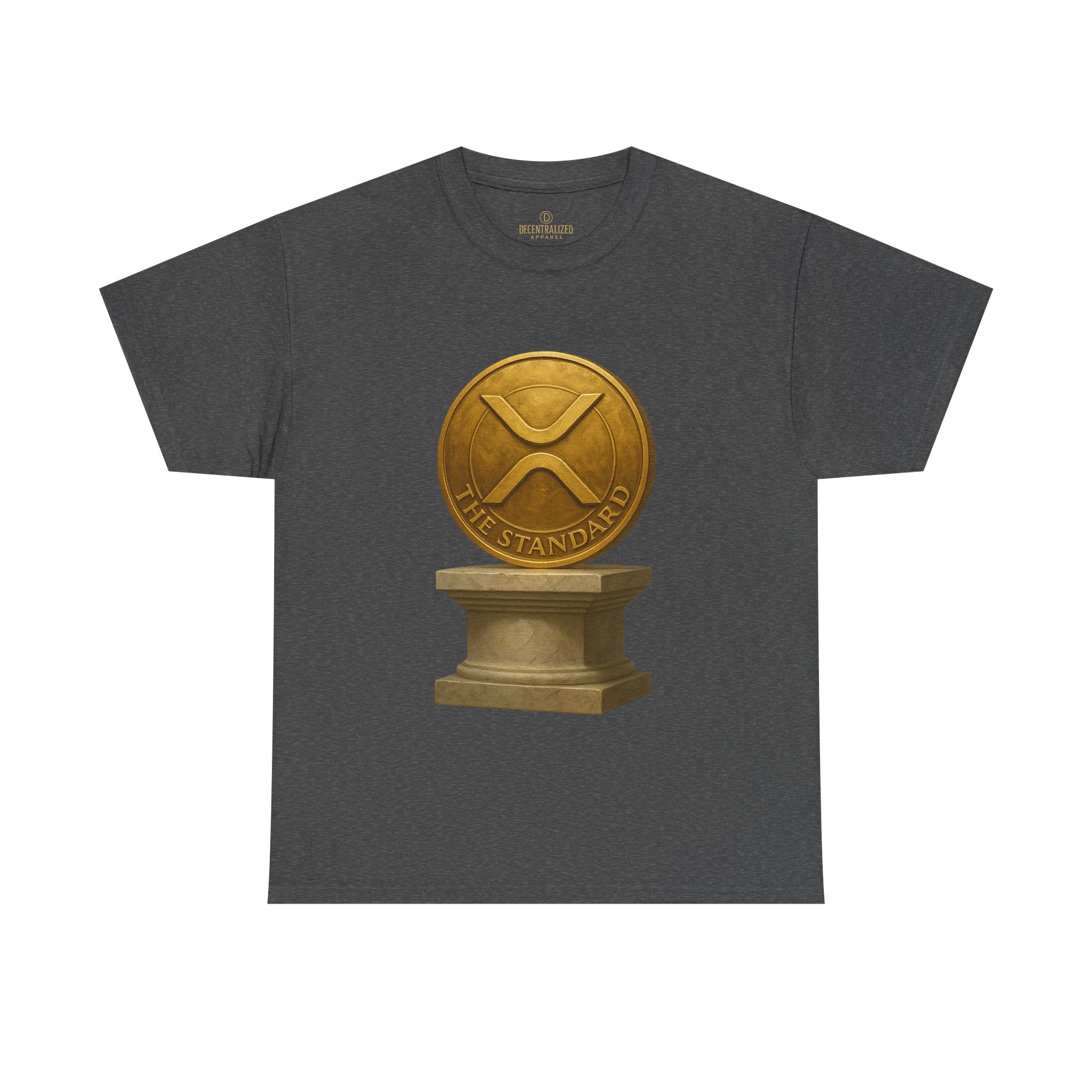 XRP Ledger Trophy T‑Shirt – Gold Ripple Coin on Pedestal Crypto Tee
