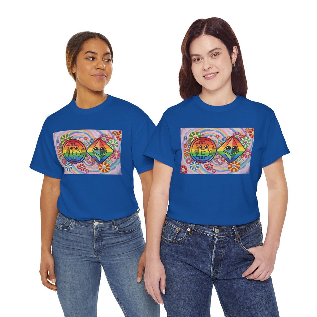 Crypto Rainbow T-Shirt — Bitcoin & Ethereum Hippie Art Tee
