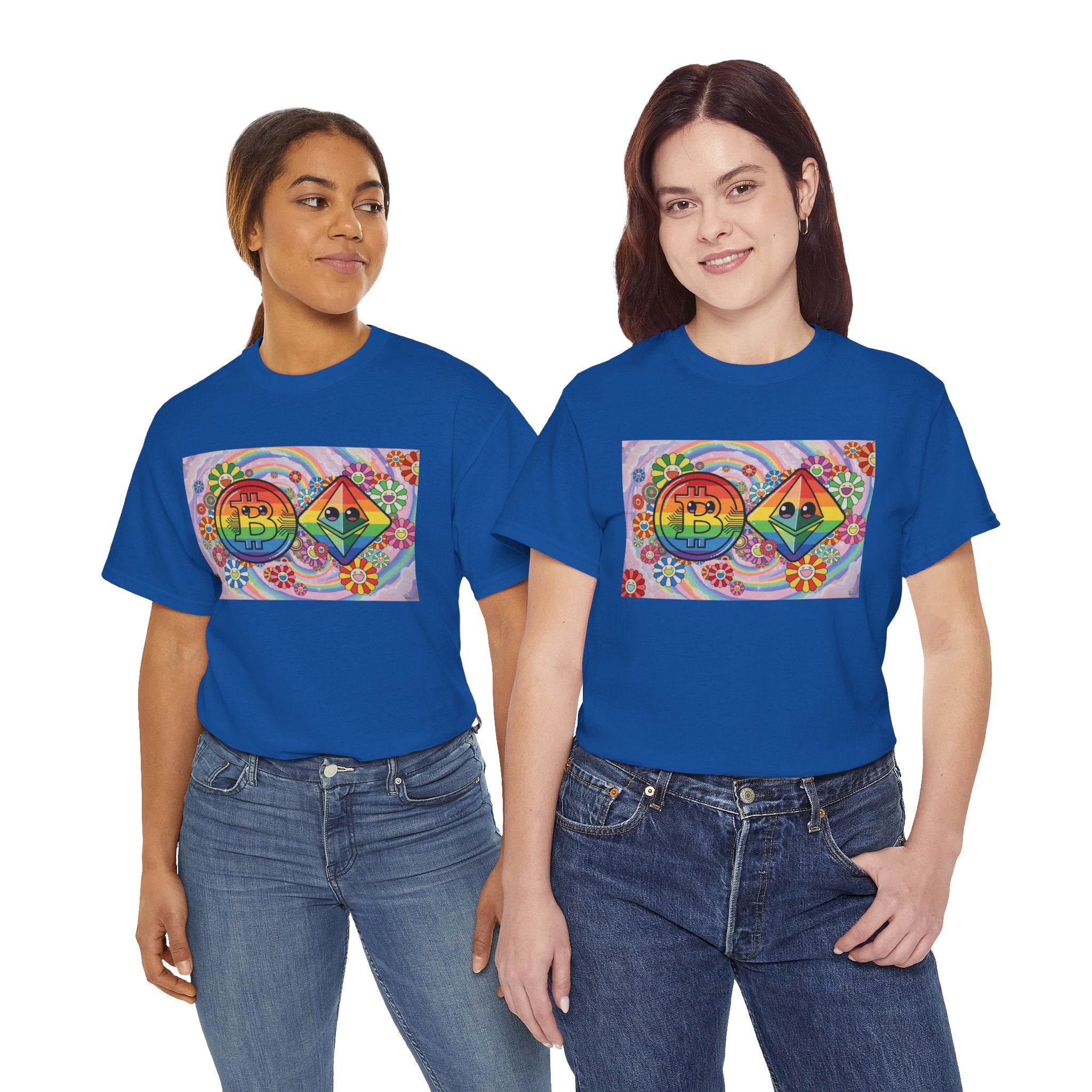 Crypto Rainbow T-Shirt — Bitcoin & Ethereum Hippie Art Tee