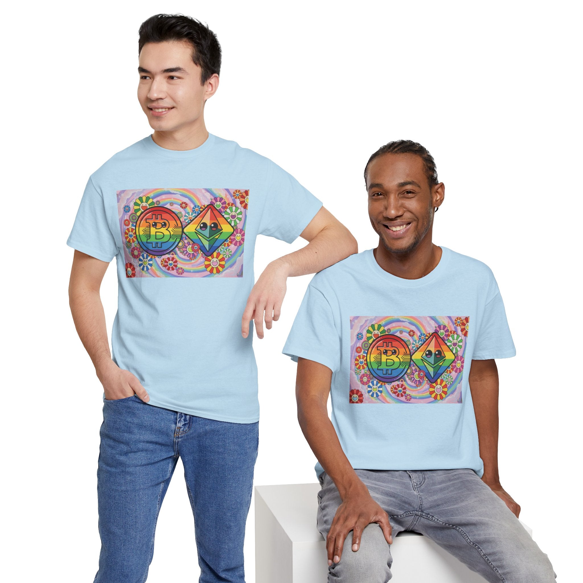 Crypto Rainbow T-Shirt — Bitcoin & Ethereum Hippie Art Tee