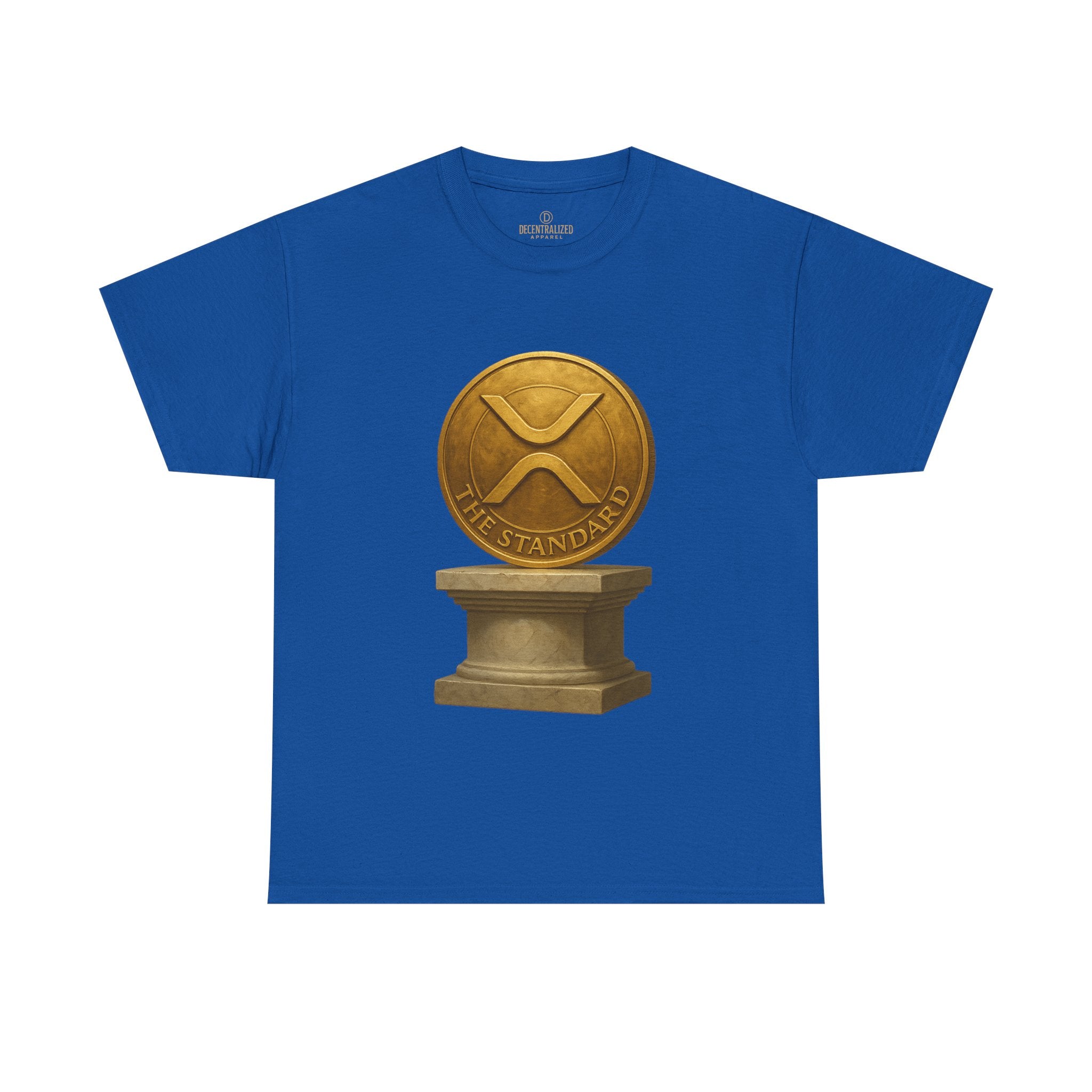 XRP Ledger Trophy T‑Shirt – Gold Ripple Coin on Pedestal Crypto Tee