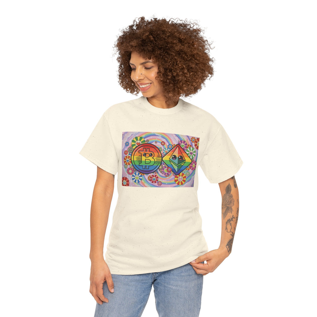 Crypto Rainbow T-Shirt — Bitcoin & Ethereum Hippie Art Tee