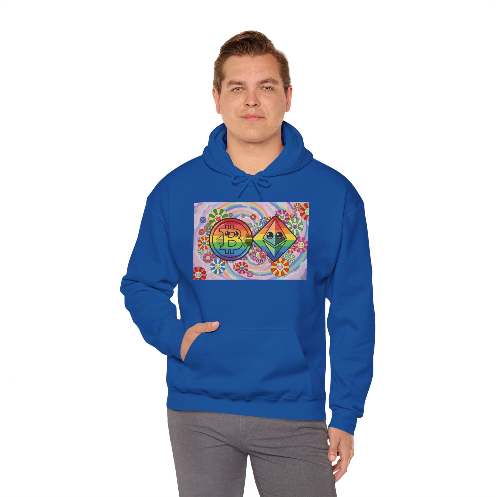 Crypto Flower Power Hoodie — Bitcoin & Ethereum Psychedelic Design