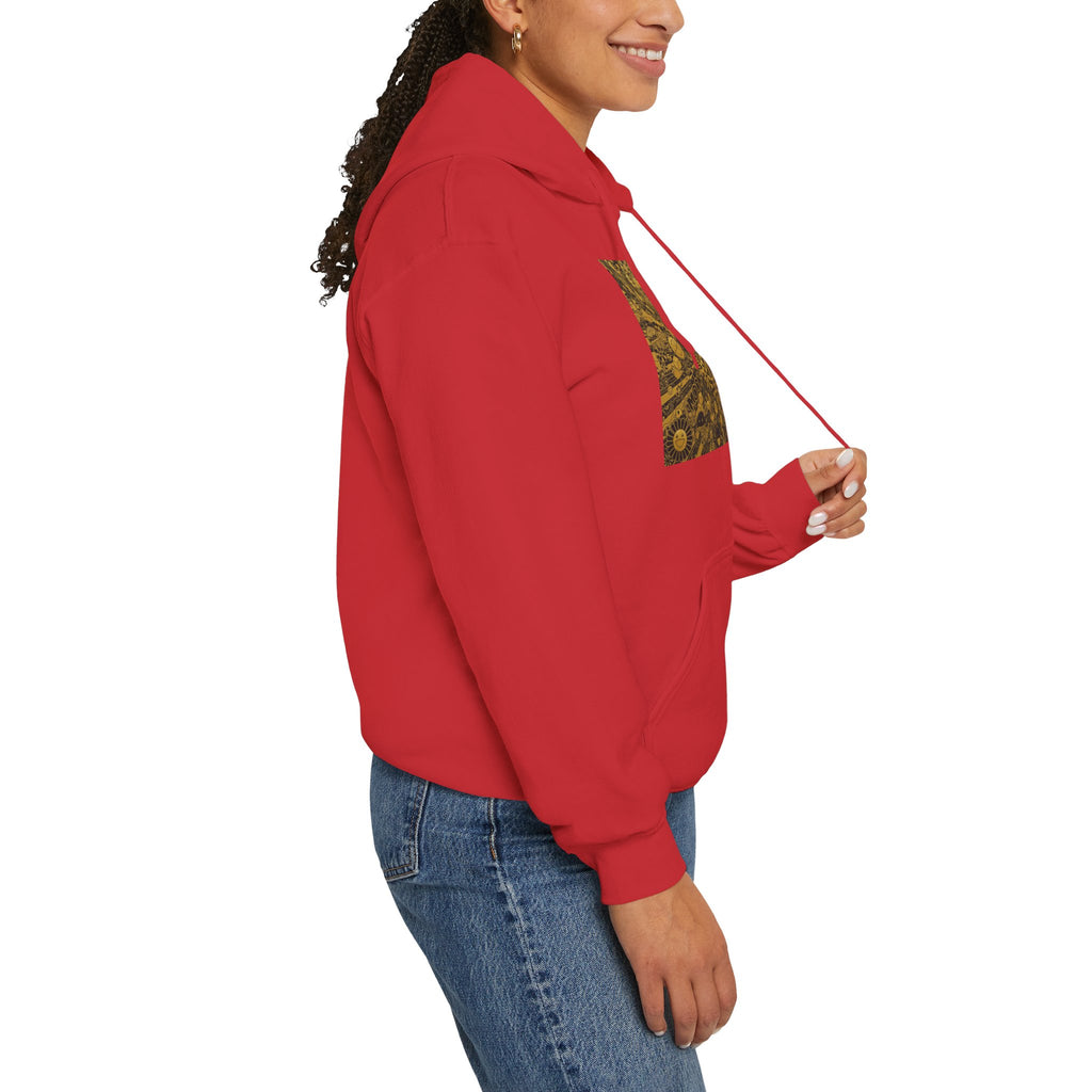 Solar Mandala Hoodie — Golden Sunburst Graphic Pullover