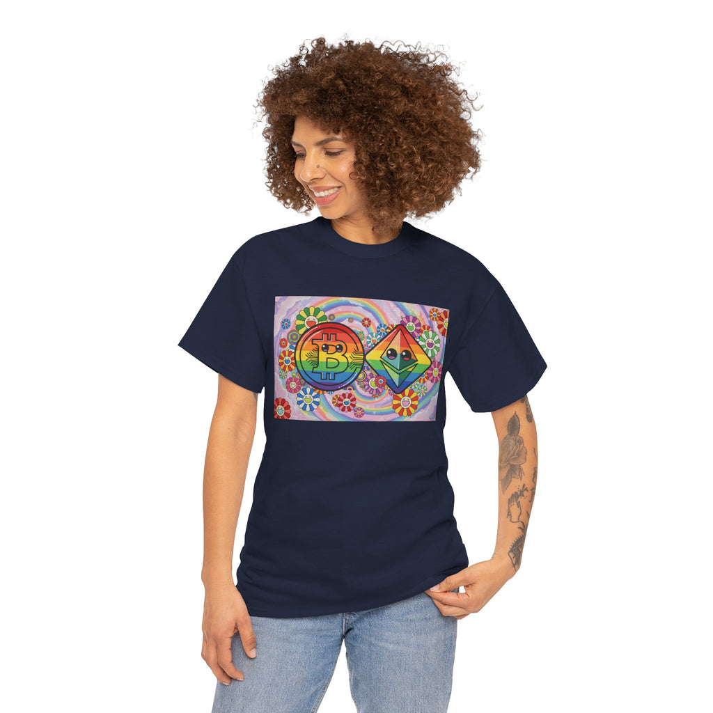 Crypto Rainbow T-Shirt — Bitcoin & Ethereum Hippie Art Tee