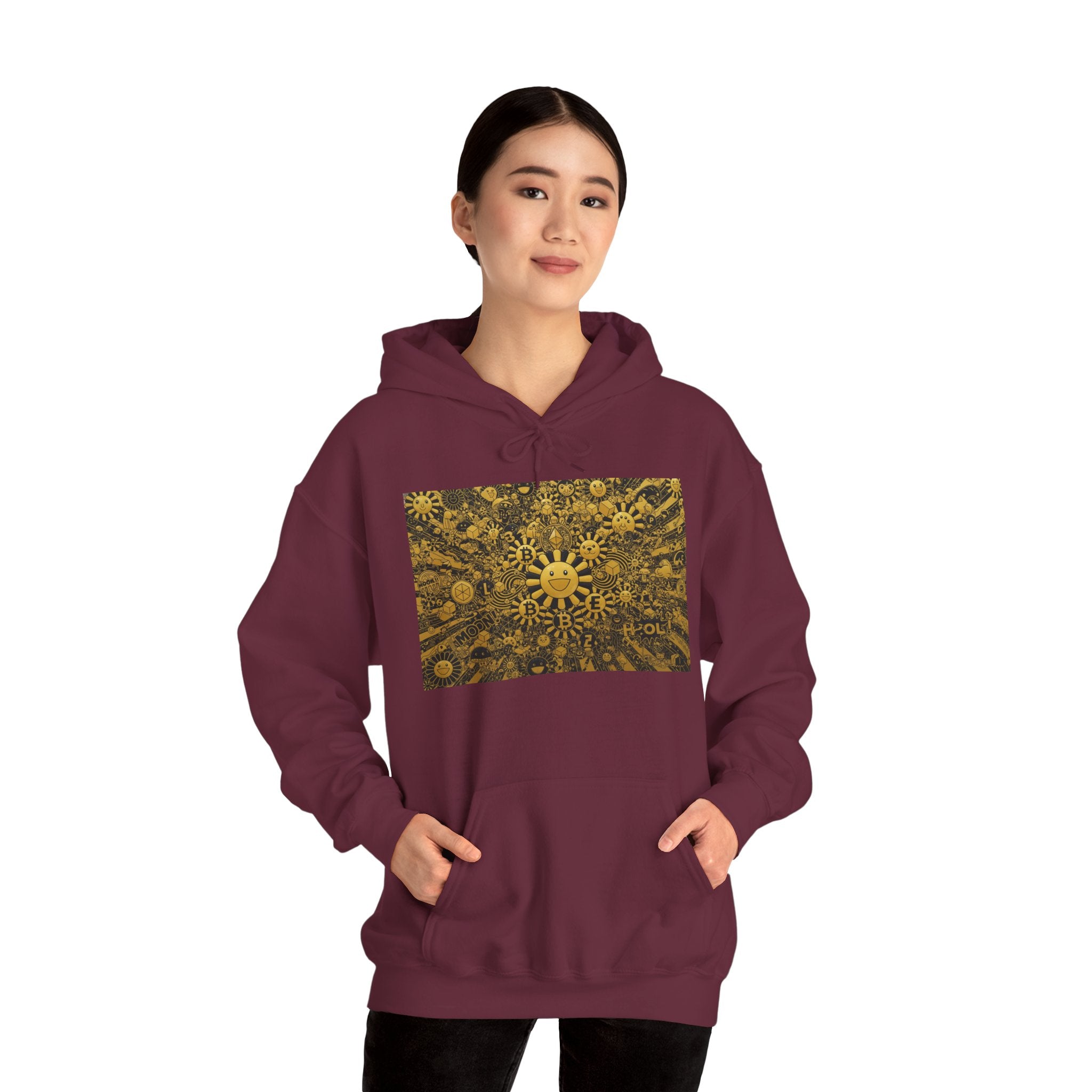 Solar Mandala Hoodie — Golden Sunburst Graphic Pullover