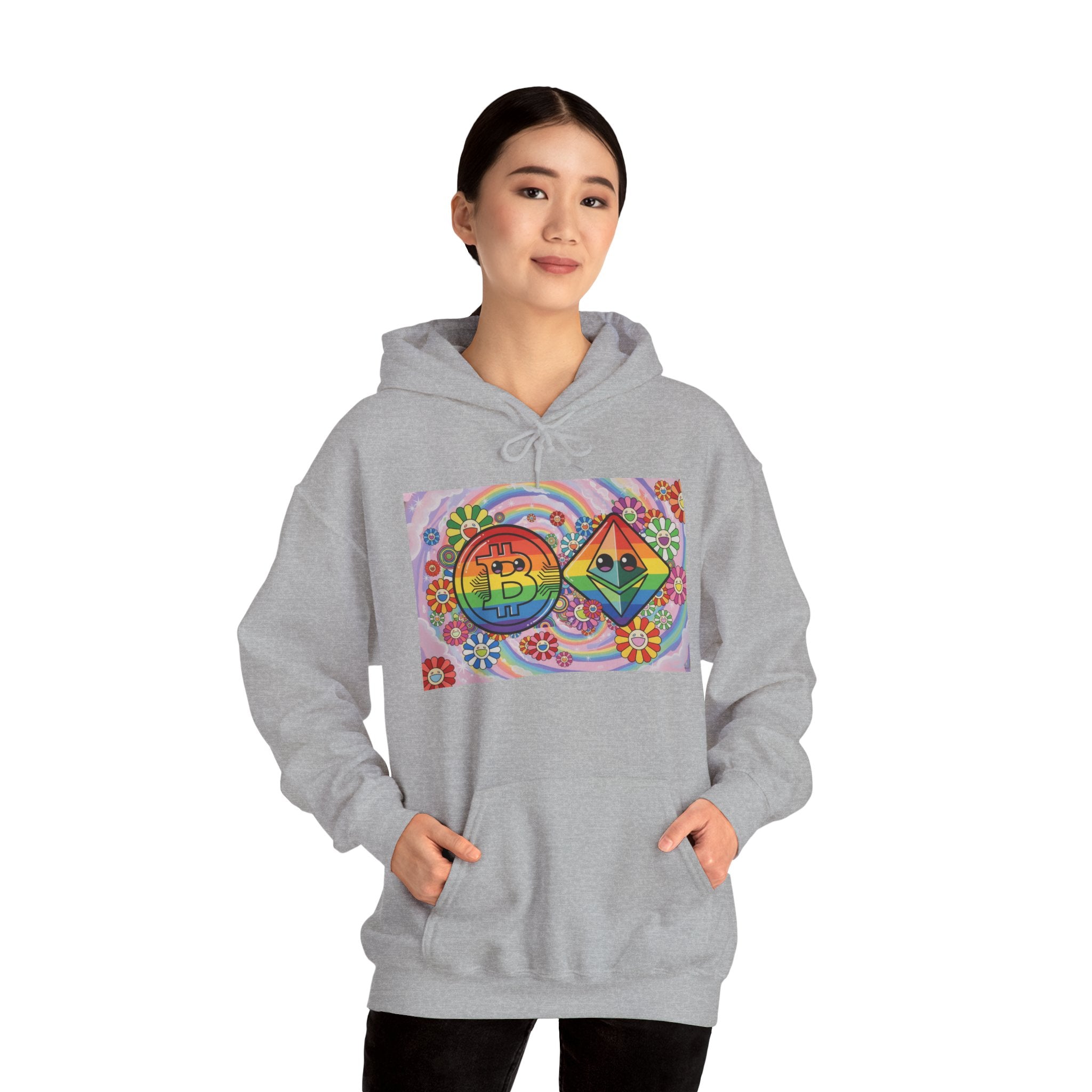 Crypto Flower Power Hoodie — Bitcoin & Ethereum Psychedelic Design