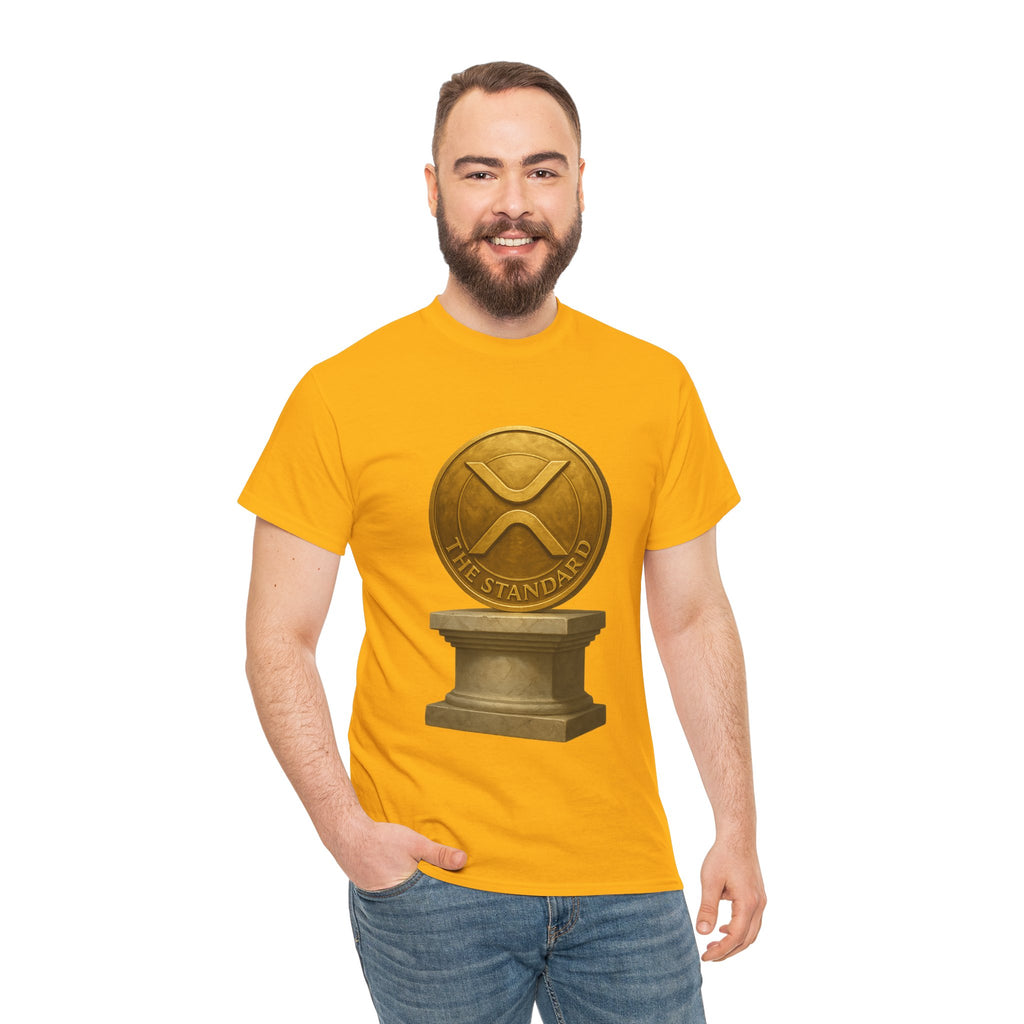 XRP Ledger Trophy T‑Shirt – Gold Ripple Coin on Pedestal Crypto Tee