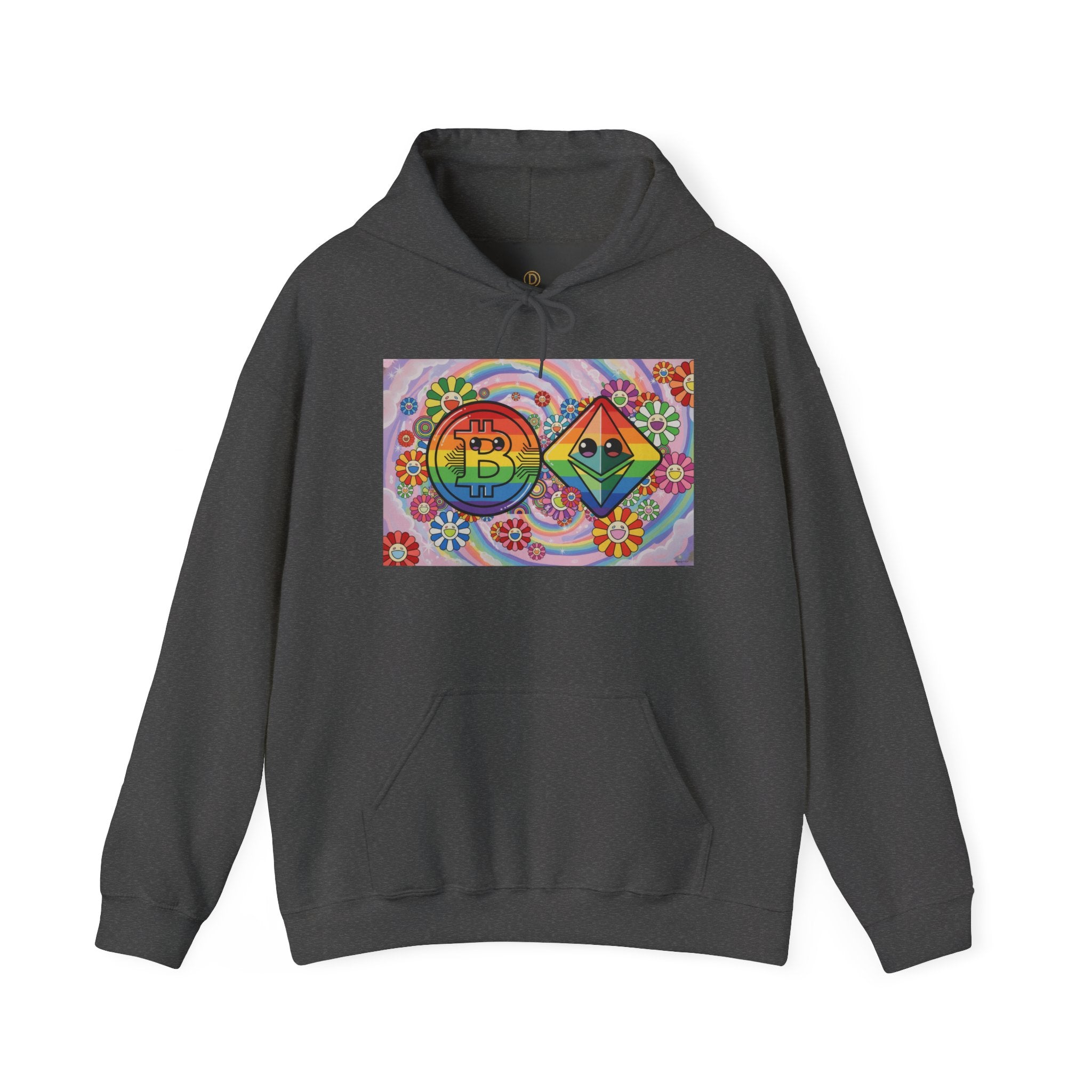 Crypto Flower Power Hoodie — Bitcoin & Ethereum Psychedelic Design