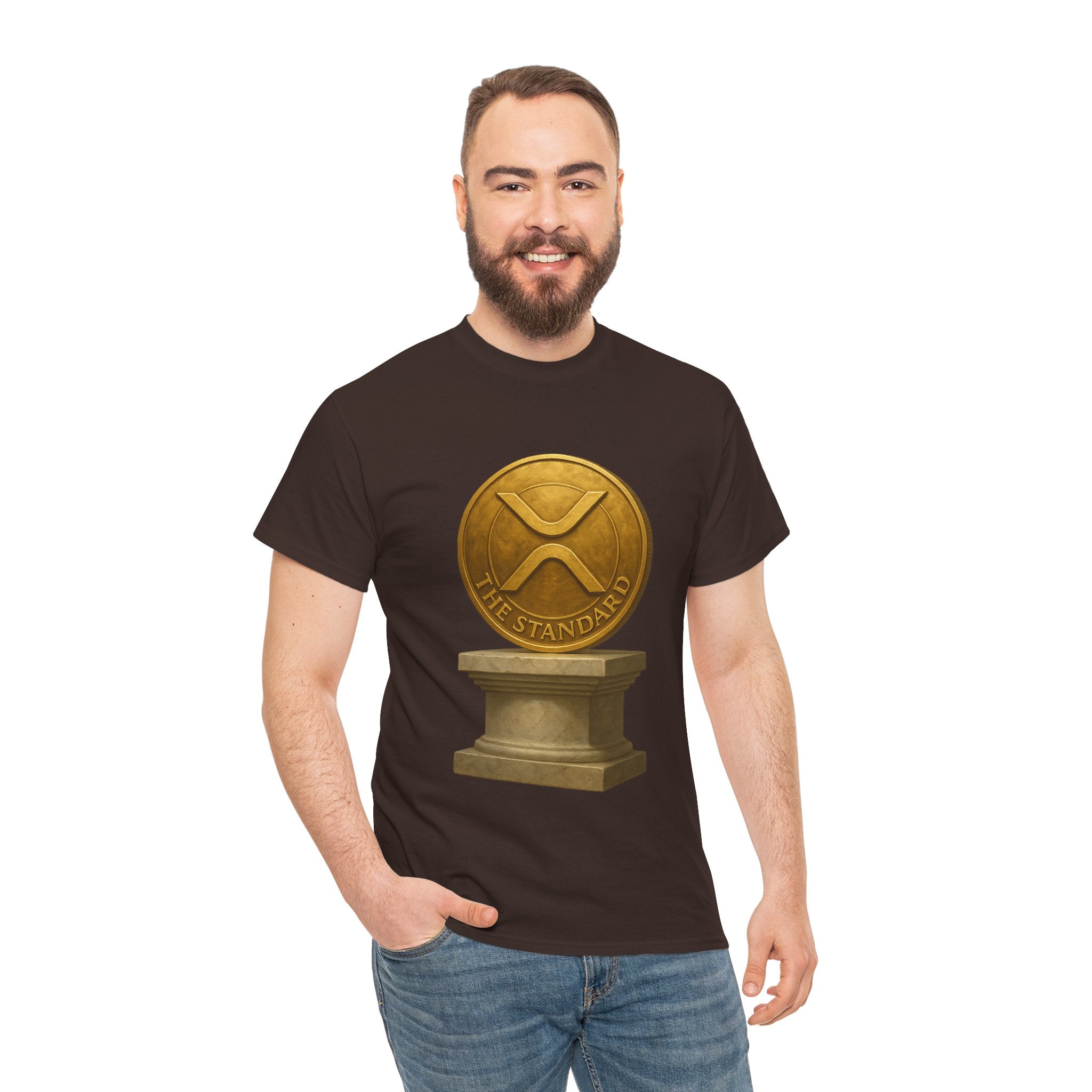 XRP Ledger Trophy T‑Shirt – Gold Ripple Coin on Pedestal Crypto Tee