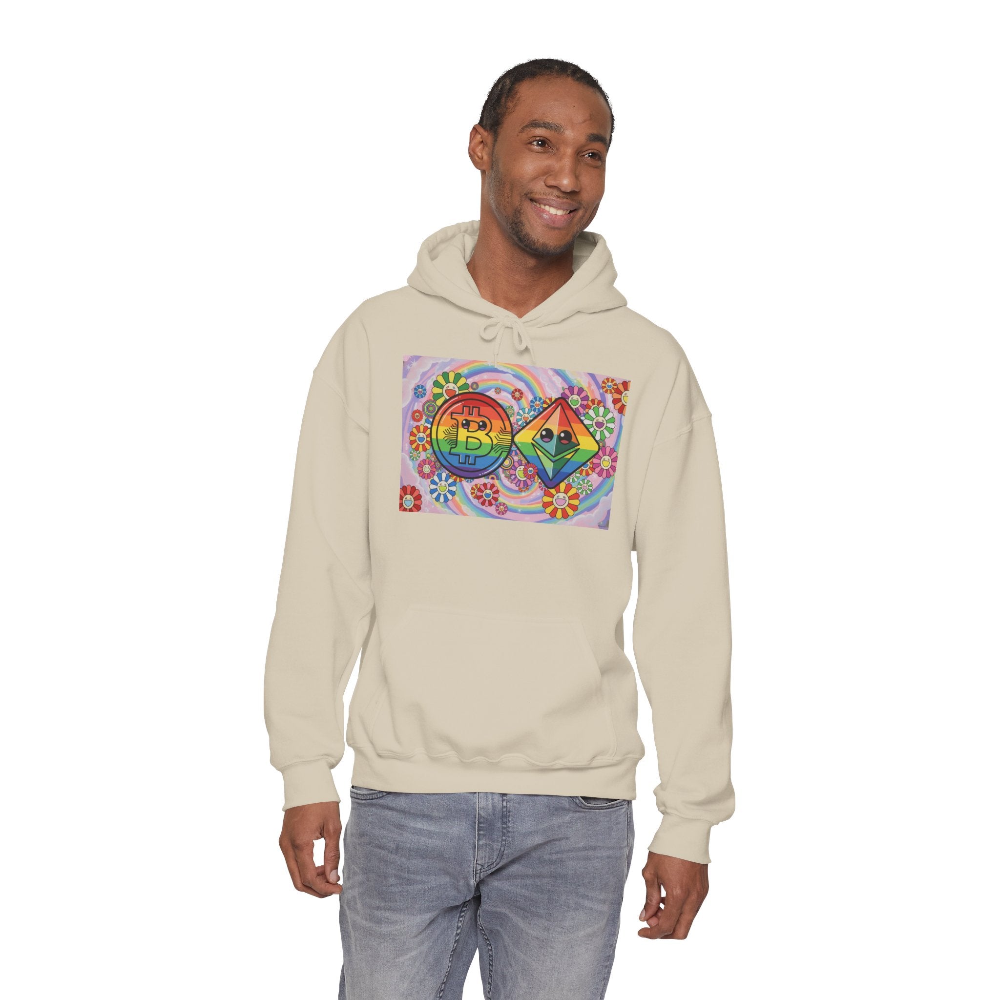Crypto Flower Power Hoodie — Bitcoin & Ethereum Psychedelic Design