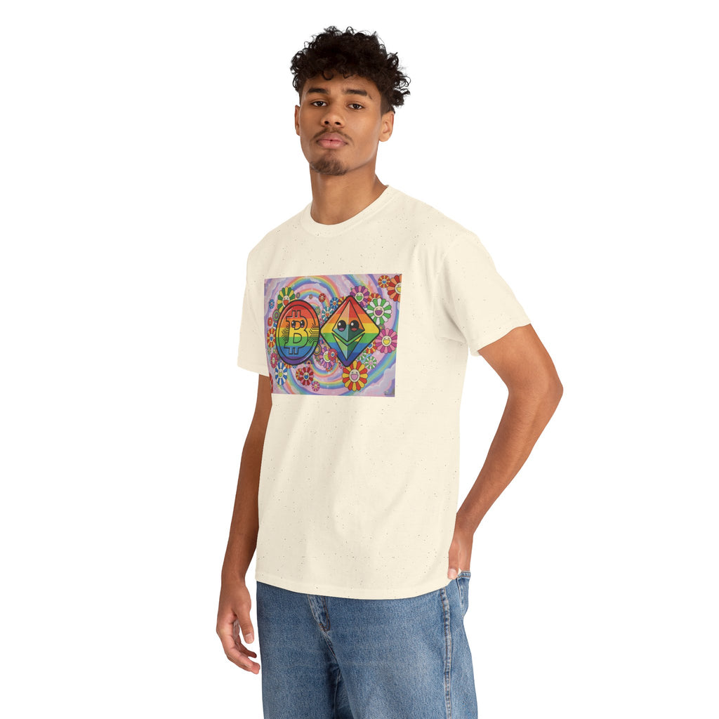Crypto Rainbow T-Shirt — Bitcoin & Ethereum Hippie Art Tee
