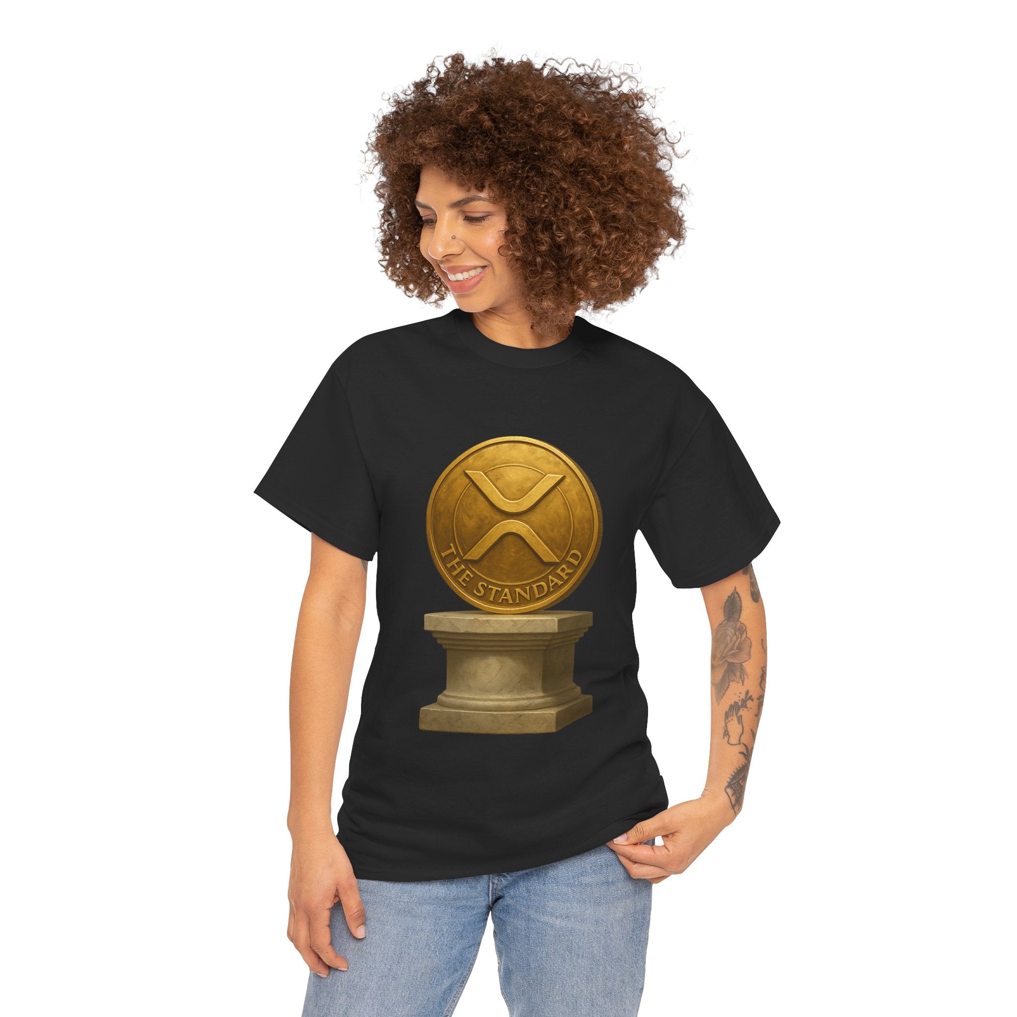 XRP Ledger Trophy T‑Shirt – Gold Ripple Coin on Pedestal Crypto Tee