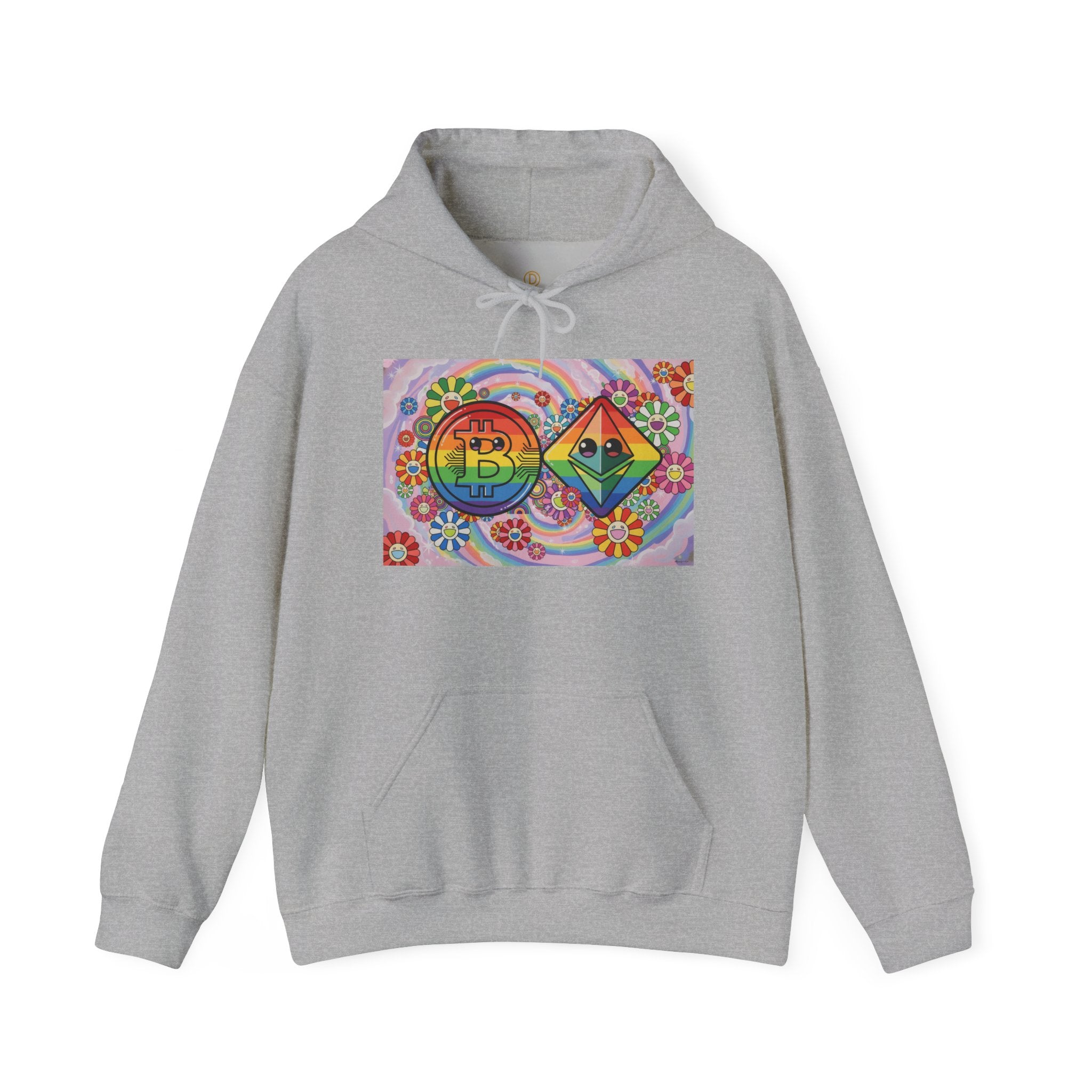 Crypto Flower Power Hoodie — Bitcoin & Ethereum Psychedelic Design