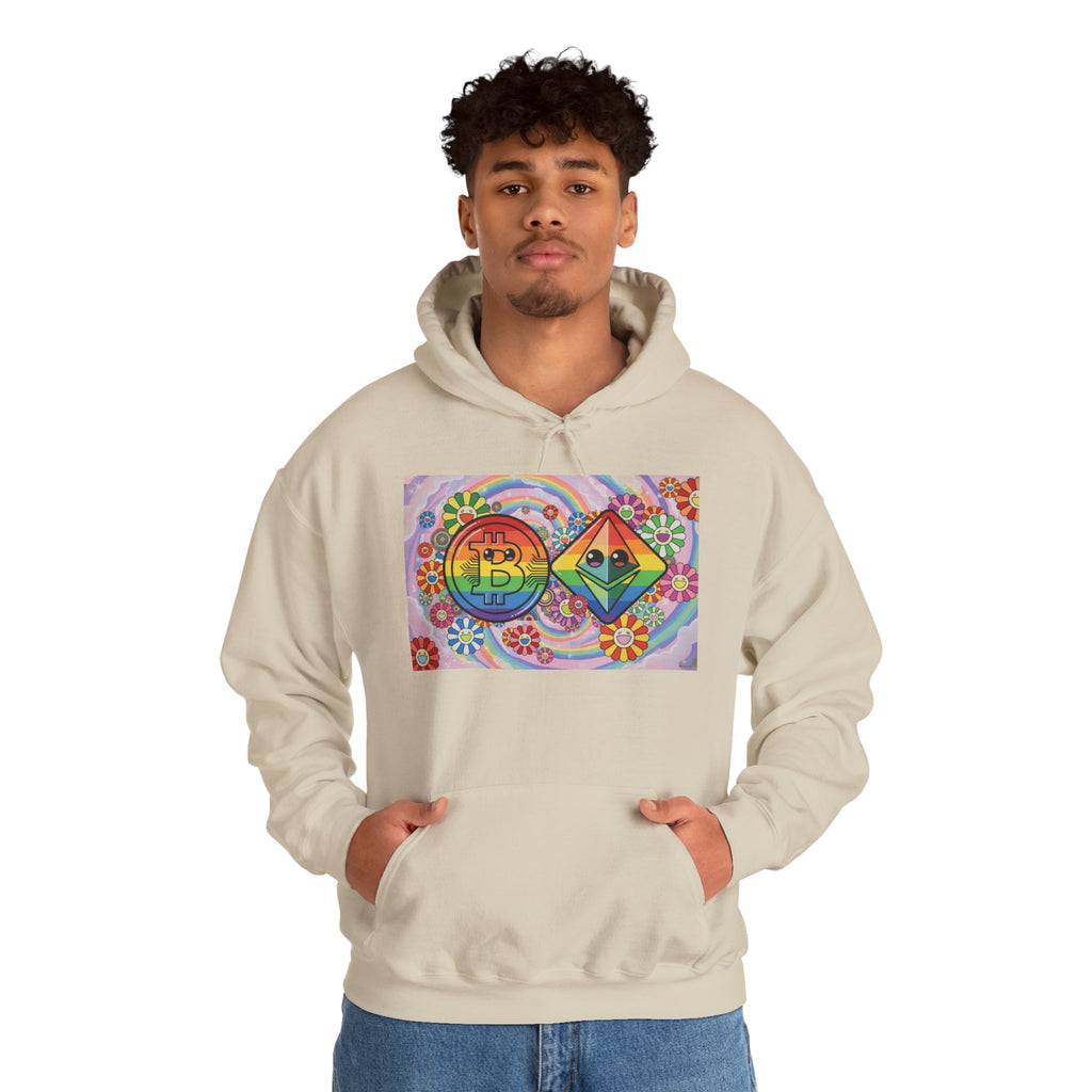 Crypto Flower Power Hoodie — Bitcoin & Ethereum Psychedelic Design