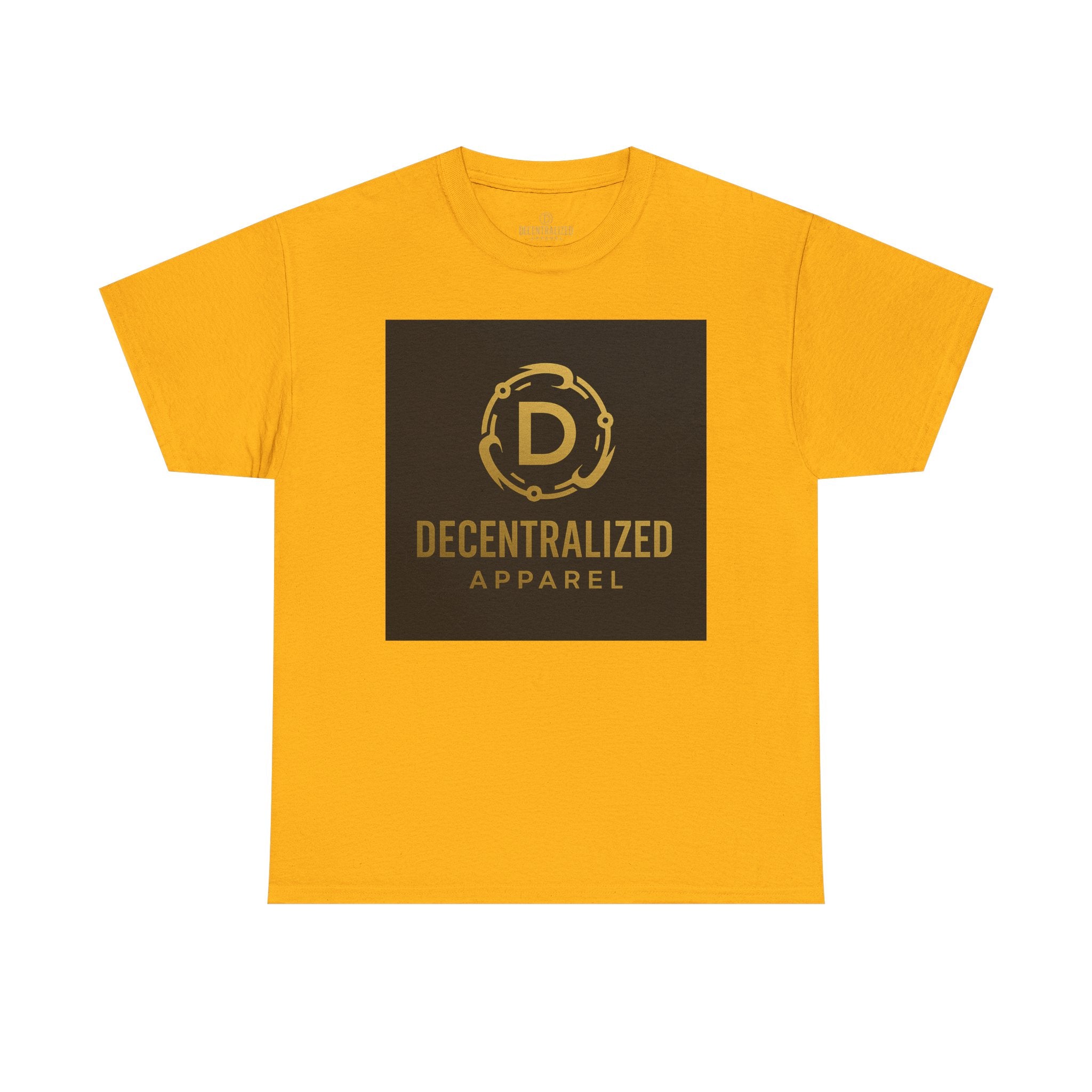 Decentralized Apparel Logo Tee — Gold Emblem Cotton T-Shirt