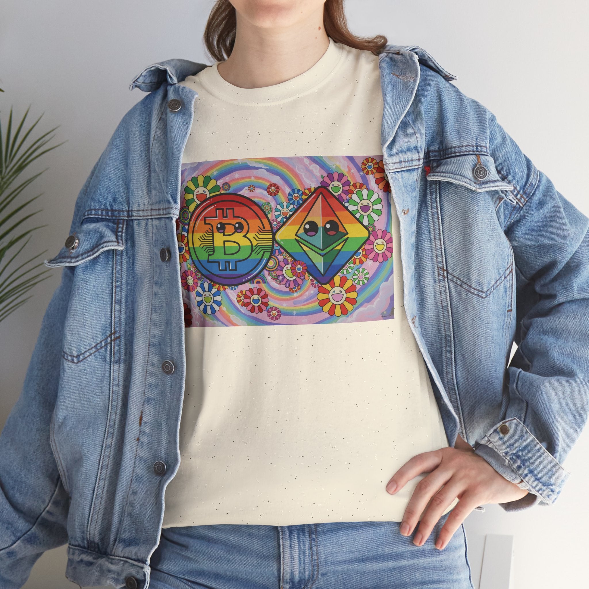 Crypto Rainbow T-Shirt — Bitcoin & Ethereum Hippie Art Tee