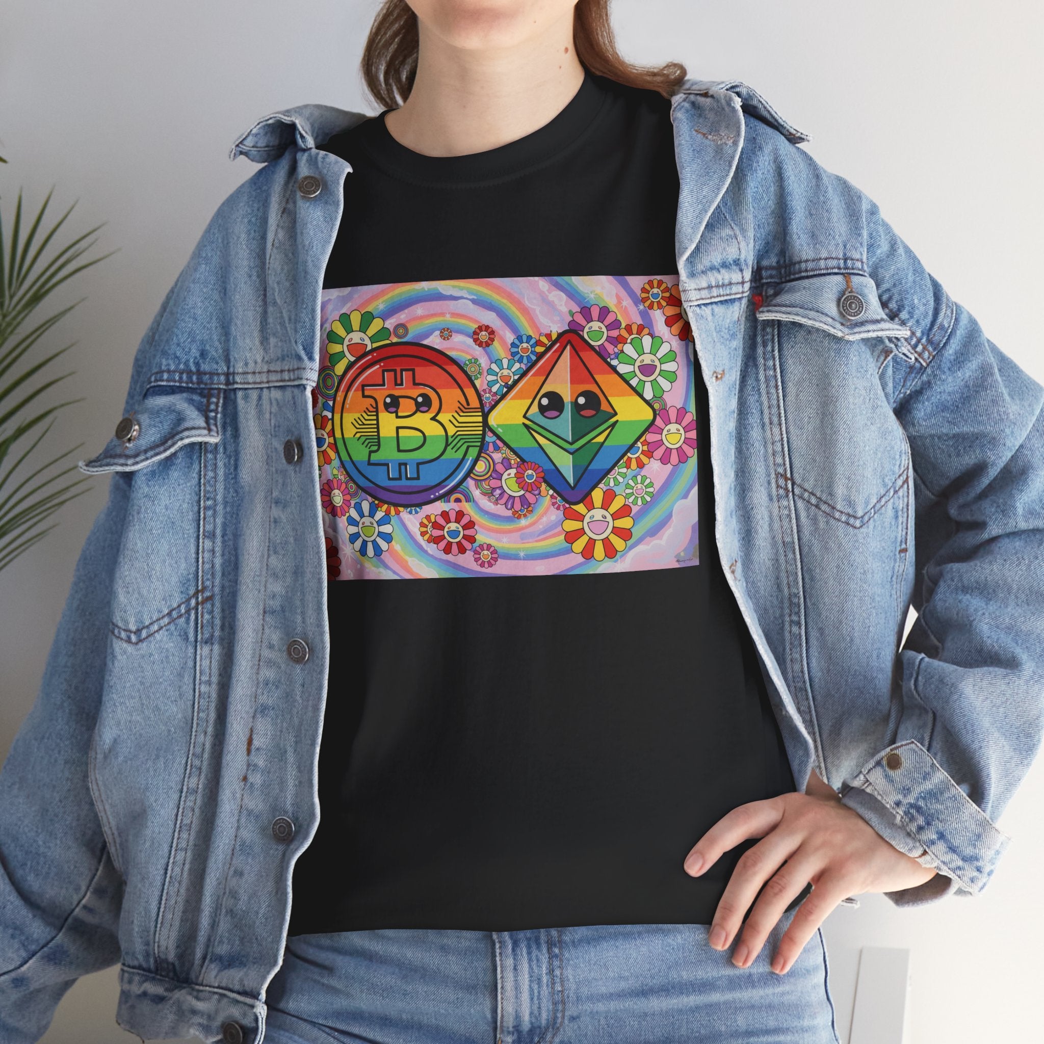 Crypto Rainbow T-Shirt — Bitcoin & Ethereum Hippie Art Tee