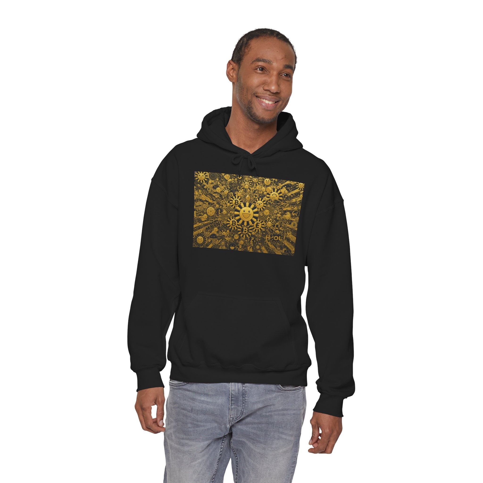 Solar Mandala Hoodie — Golden Sunburst Graphic Pullover