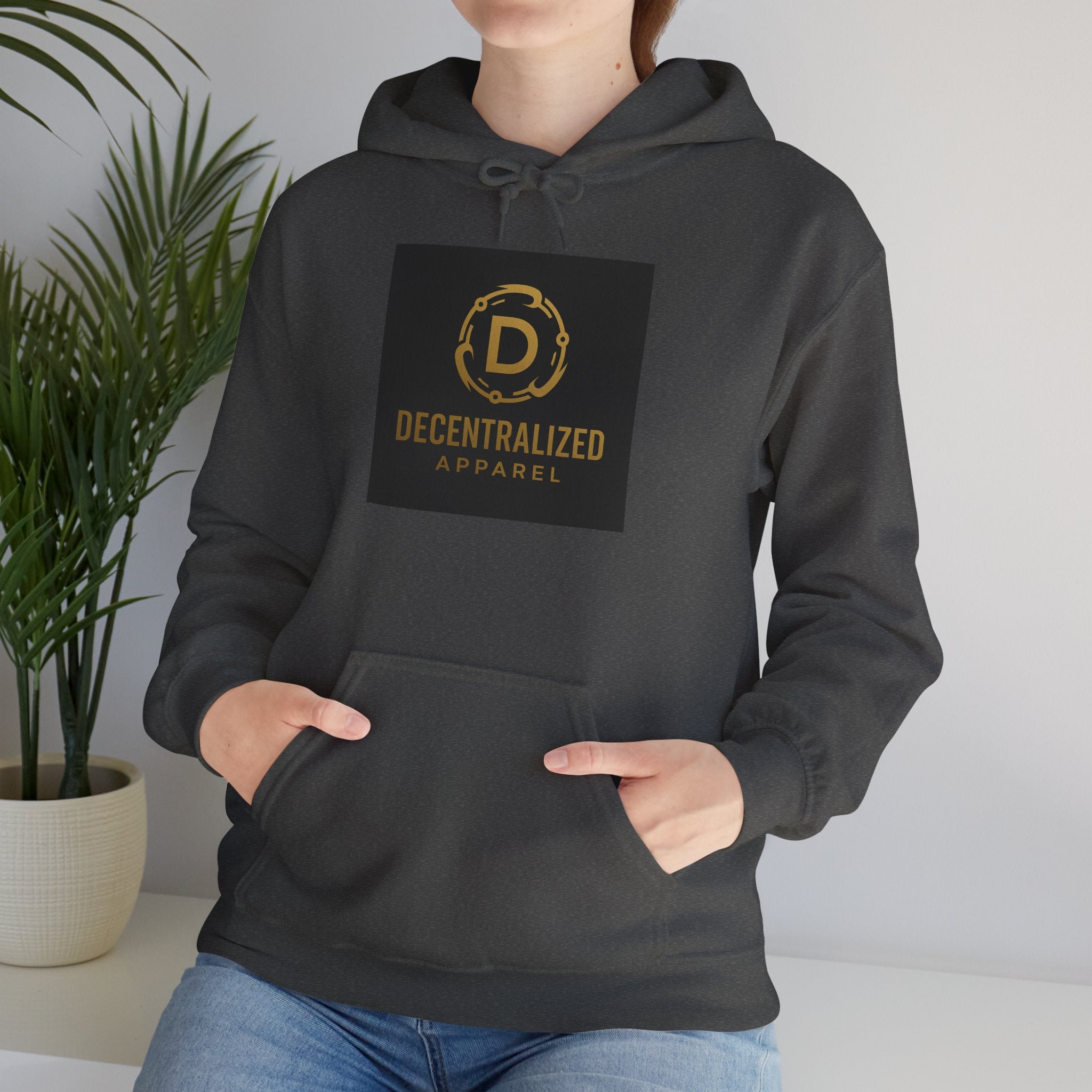 Decentralized Apparel Logo Hoodie – Gold Emblem Streetwear Sweatshirt