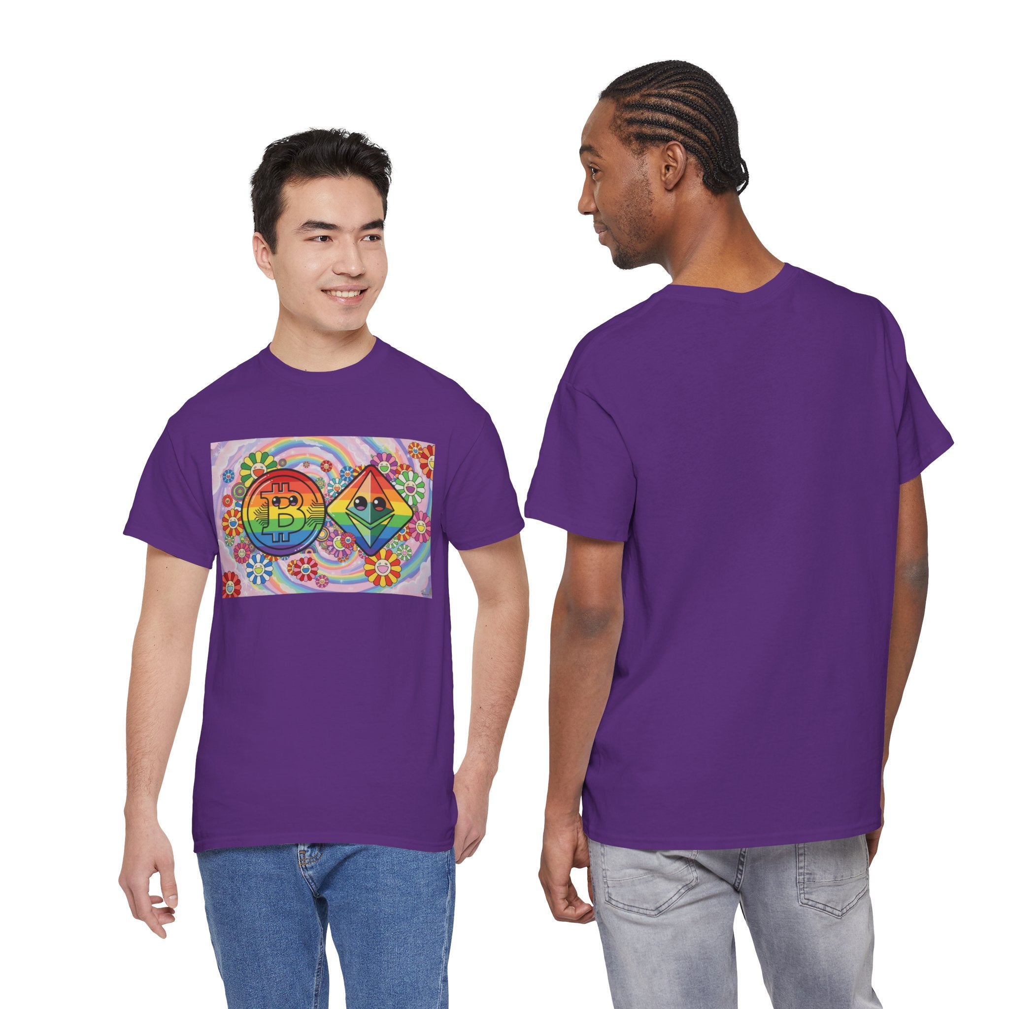 Crypto Rainbow T-Shirt — Bitcoin & Ethereum Hippie Art Tee
