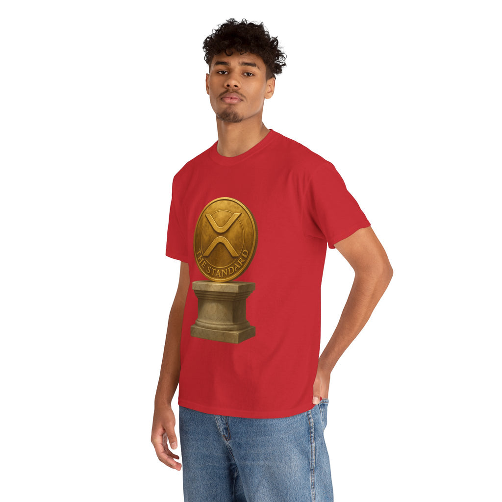 XRP Ledger Trophy T‑Shirt – Gold Ripple Coin on Pedestal Crypto Tee