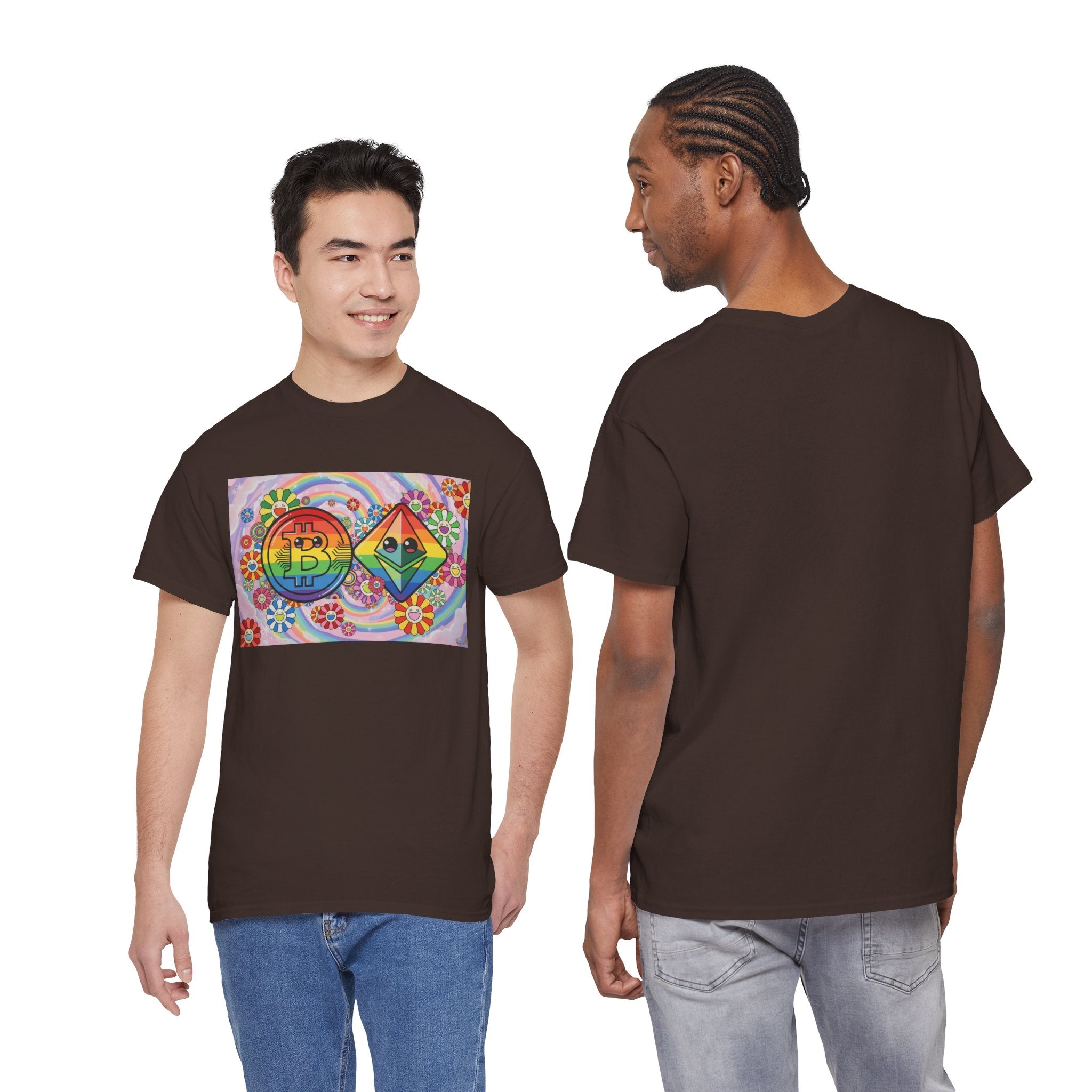 Crypto Rainbow T-Shirt — Bitcoin & Ethereum Hippie Art Tee
