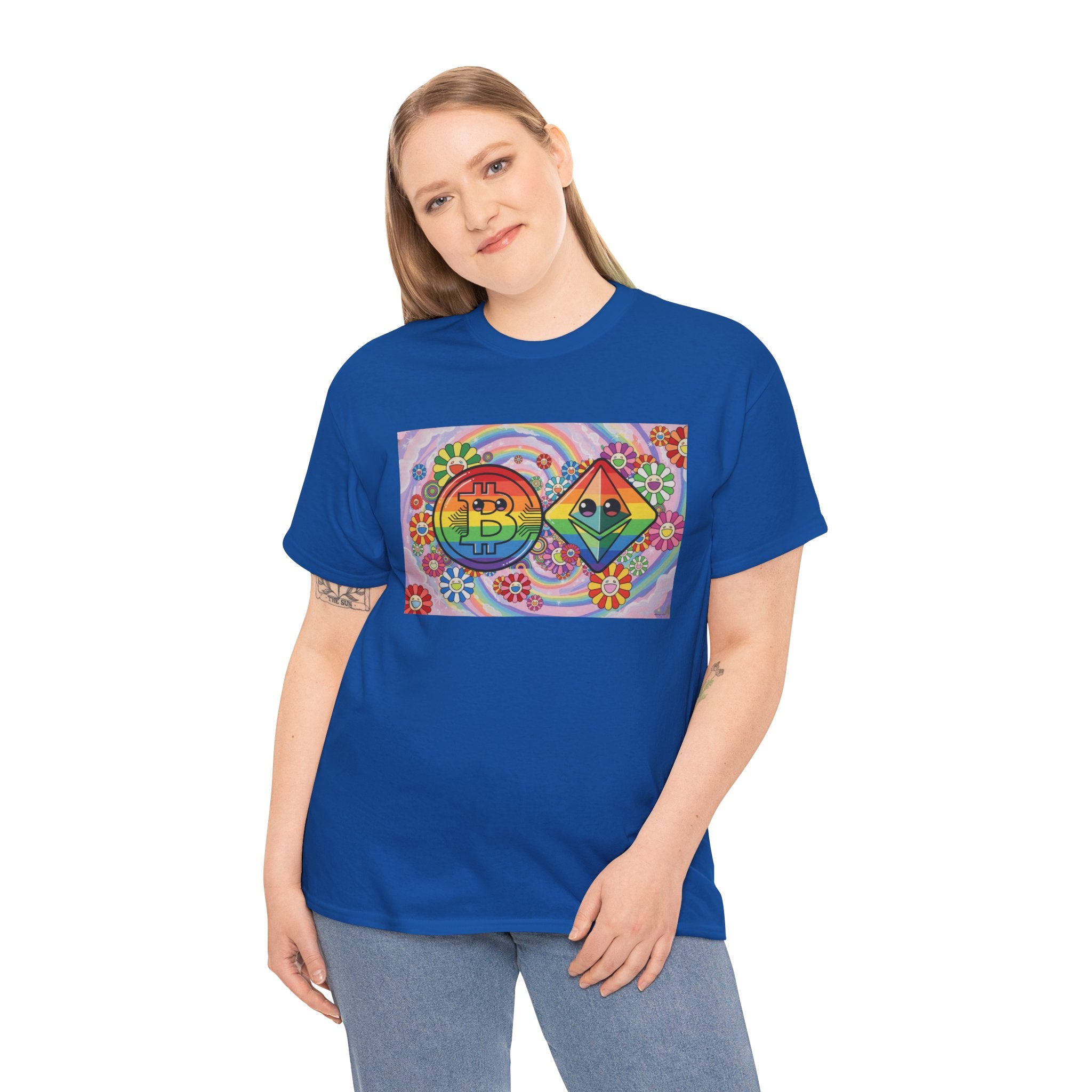 Crypto Rainbow T-Shirt — Bitcoin & Ethereum Hippie Art Tee