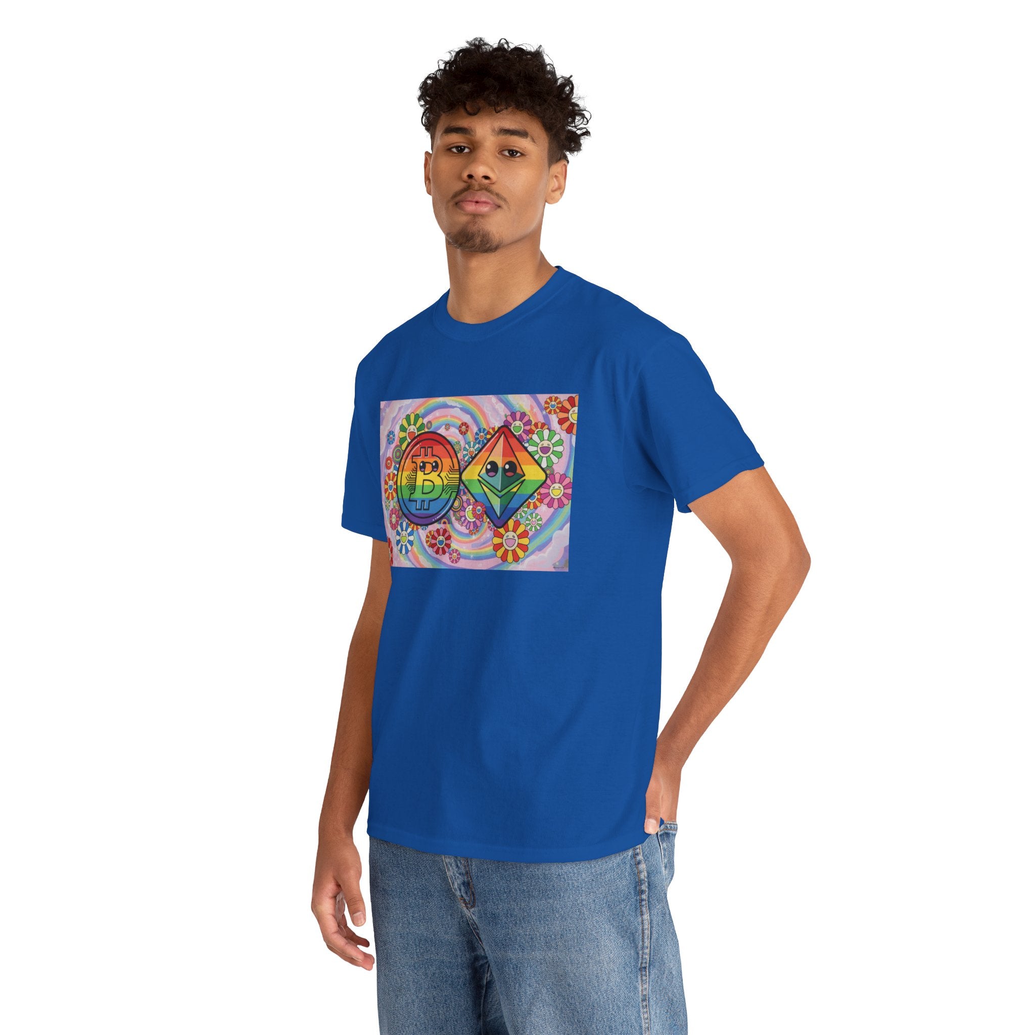 Crypto Rainbow T-Shirt — Bitcoin & Ethereum Hippie Art Tee