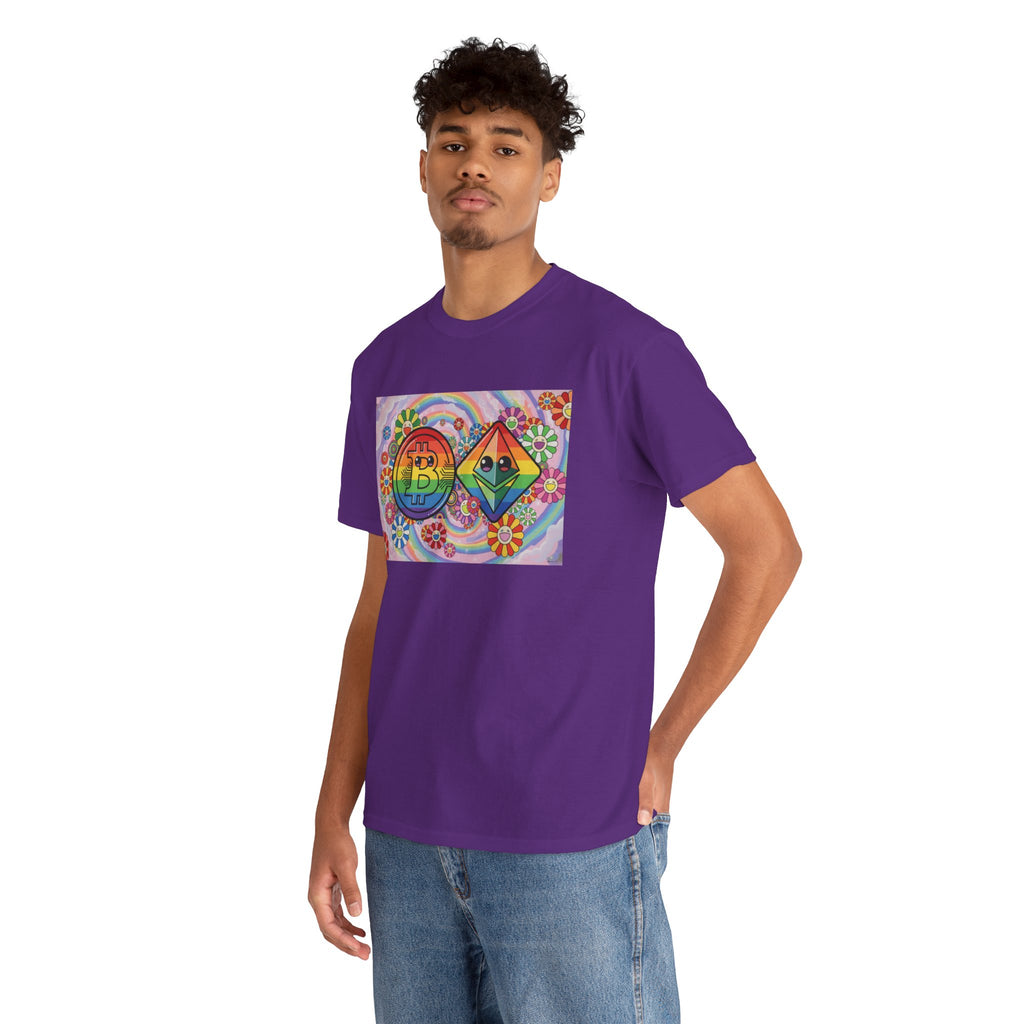 Crypto Rainbow T-Shirt — Bitcoin & Ethereum Hippie Art Tee