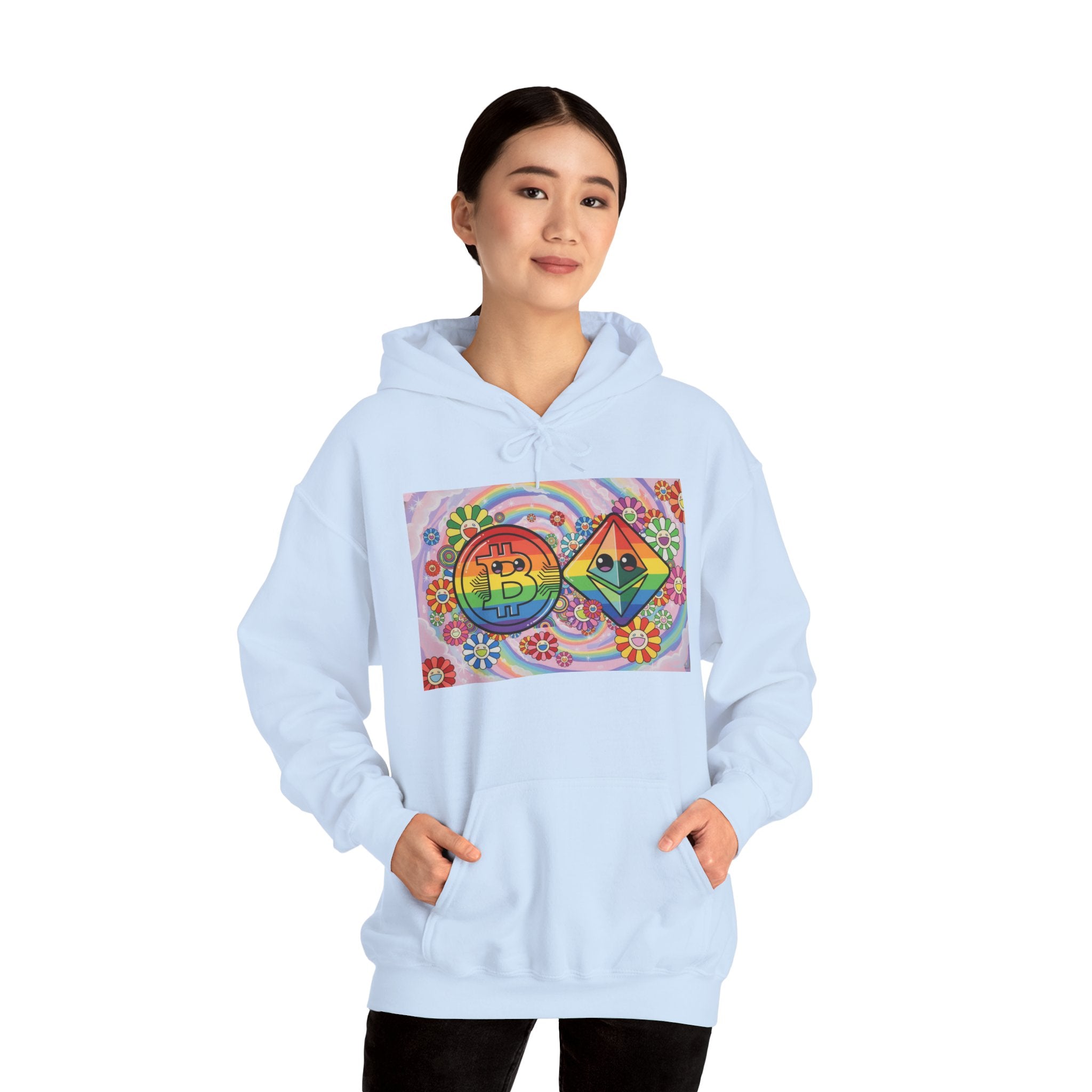 Crypto Flower Power Hoodie — Bitcoin & Ethereum Psychedelic Design