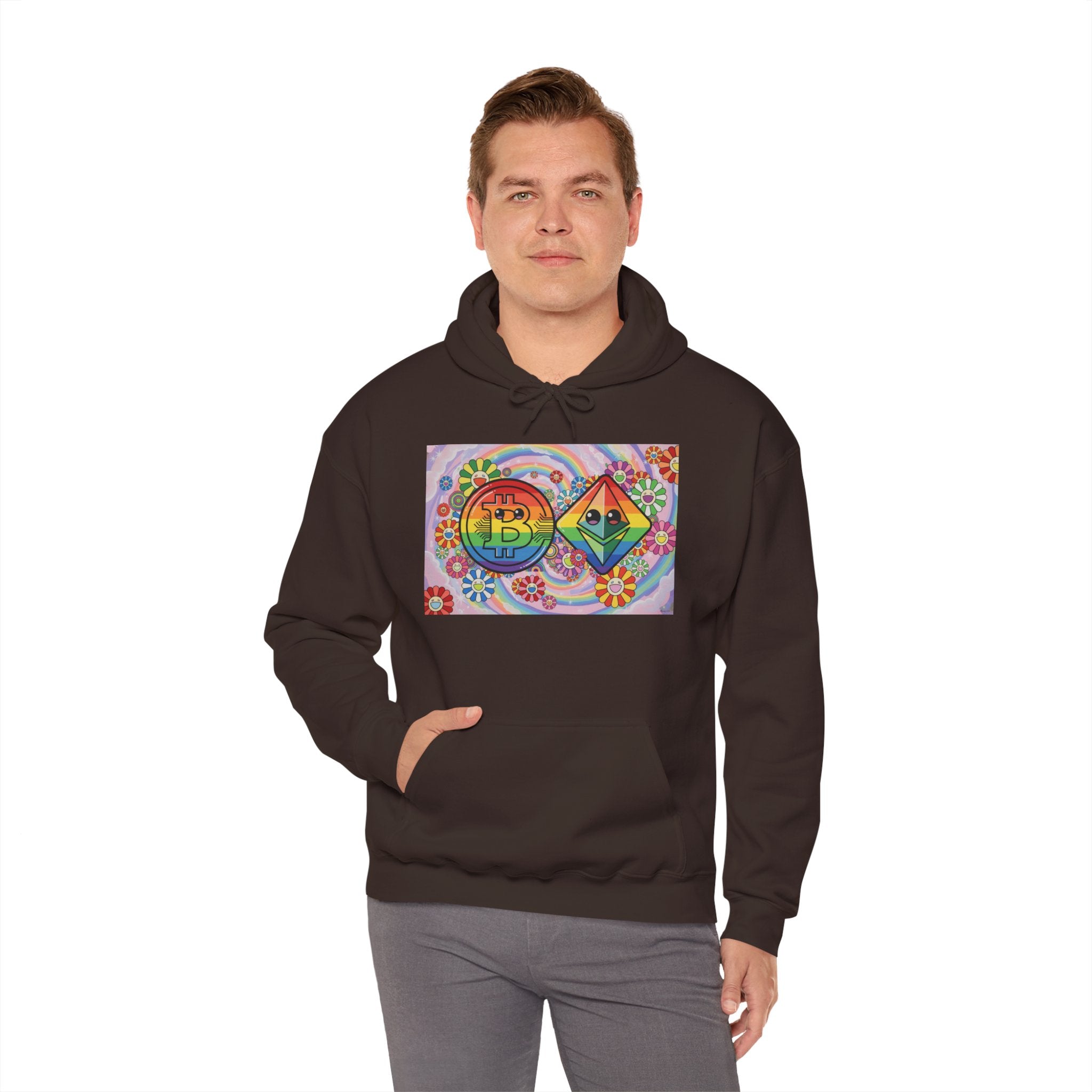 Crypto Flower Power Hoodie — Bitcoin & Ethereum Psychedelic Design