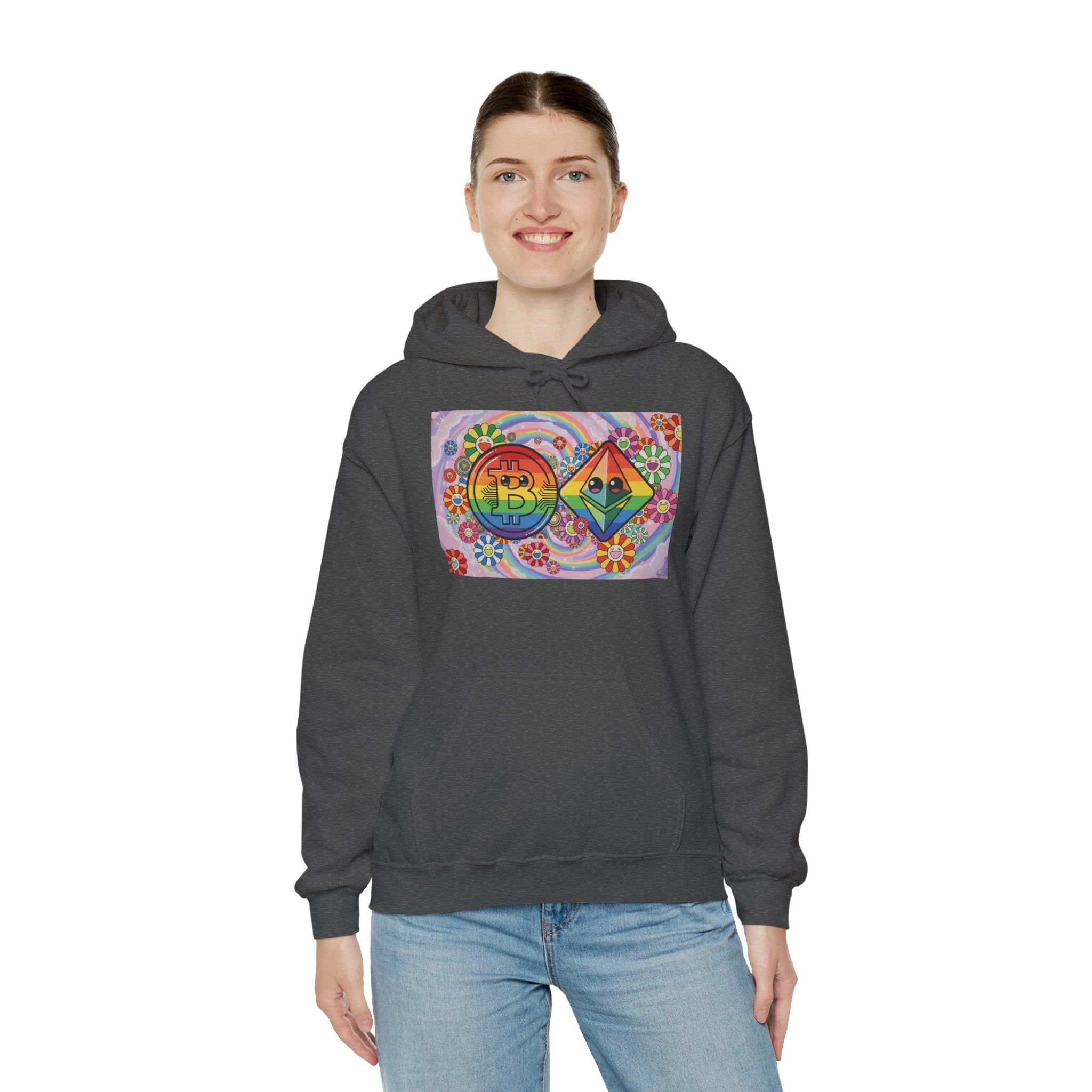 Crypto Flower Power Hoodie — Bitcoin & Ethereum Psychedelic Design