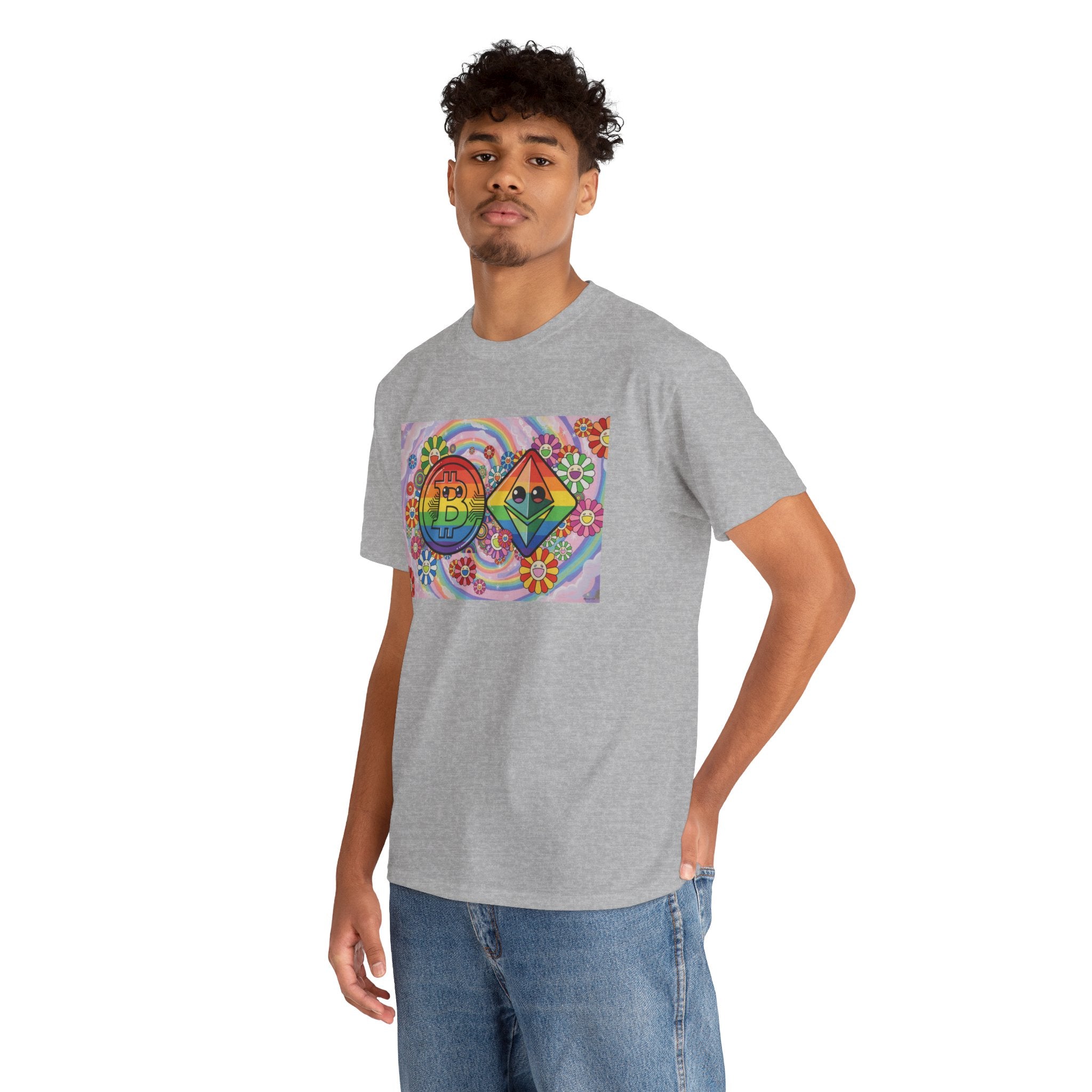 Crypto Rainbow T-Shirt — Bitcoin & Ethereum Hippie Art Tee