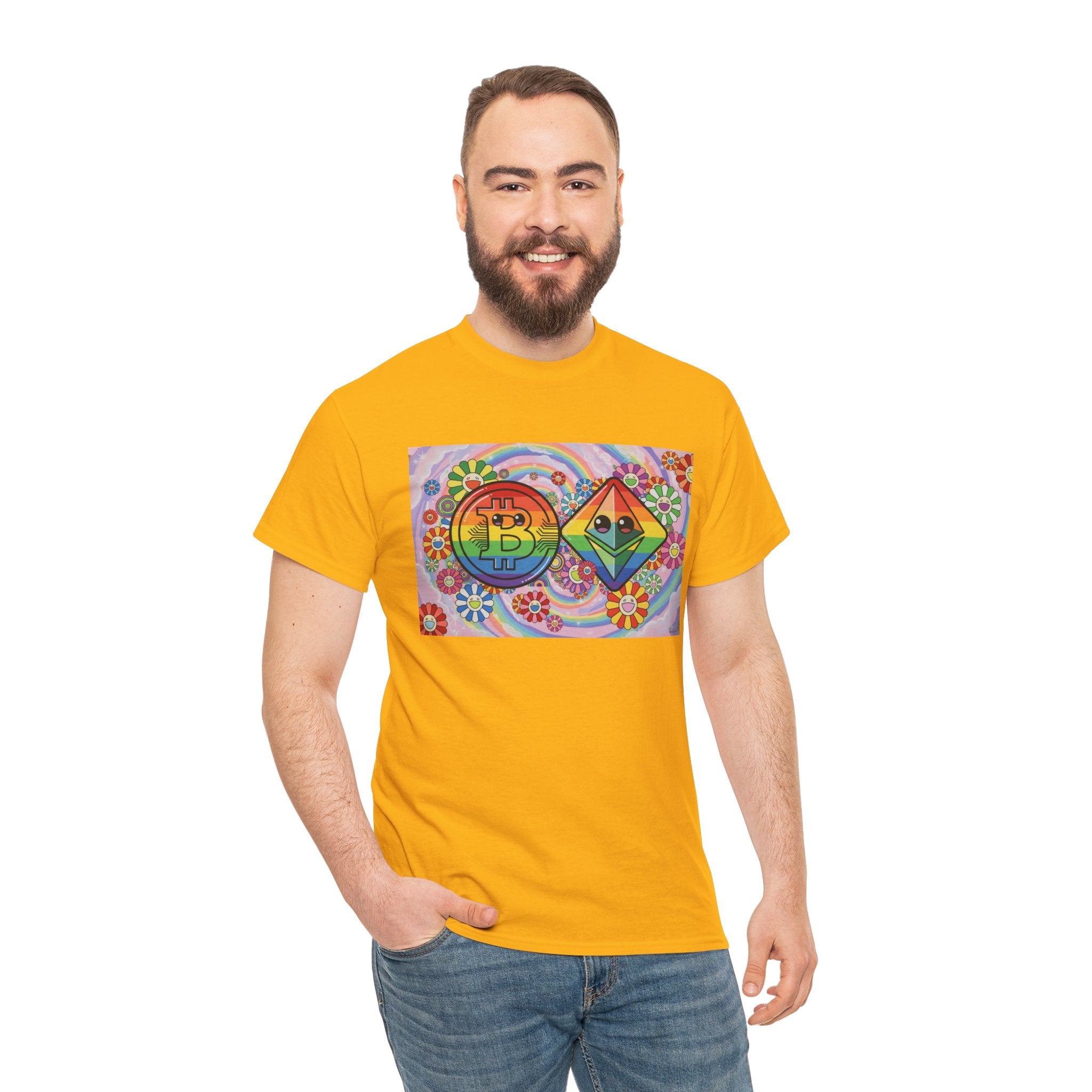 Crypto Rainbow T-Shirt — Bitcoin & Ethereum Hippie Art Tee