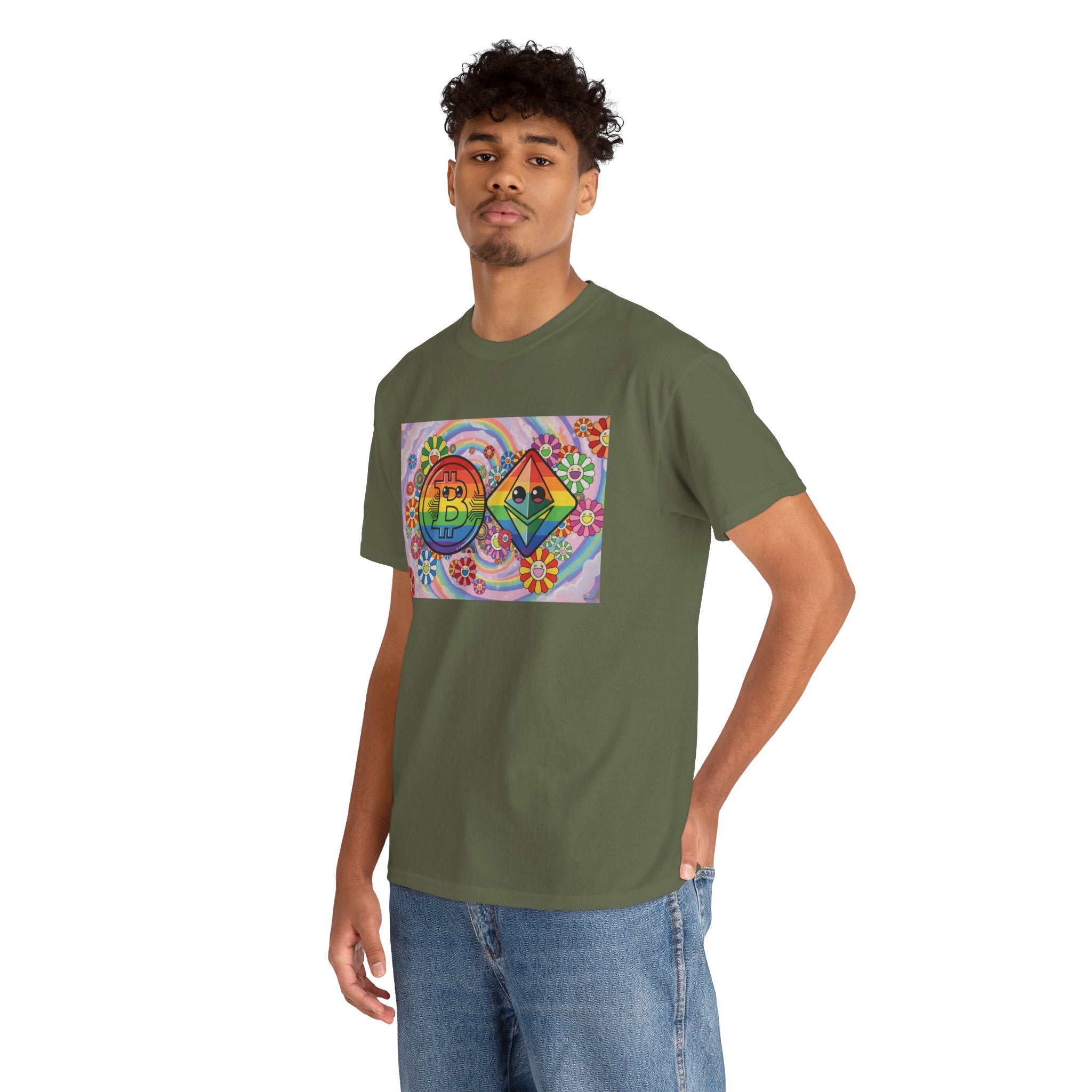 Crypto Rainbow T-Shirt — Bitcoin & Ethereum Hippie Art Tee