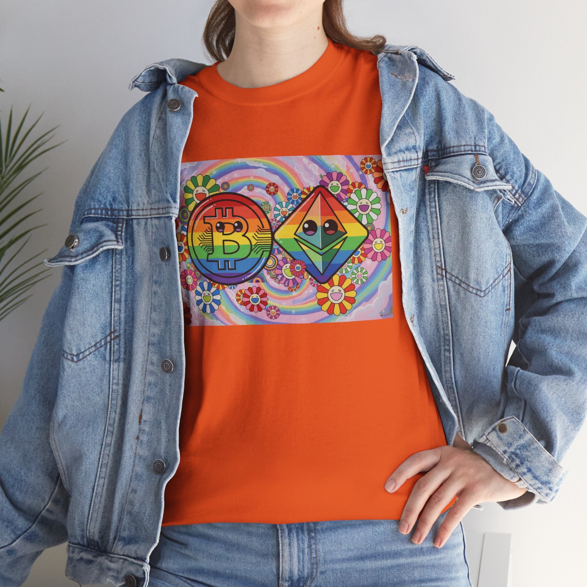 Crypto Rainbow T-Shirt — Bitcoin & Ethereum Hippie Art Tee