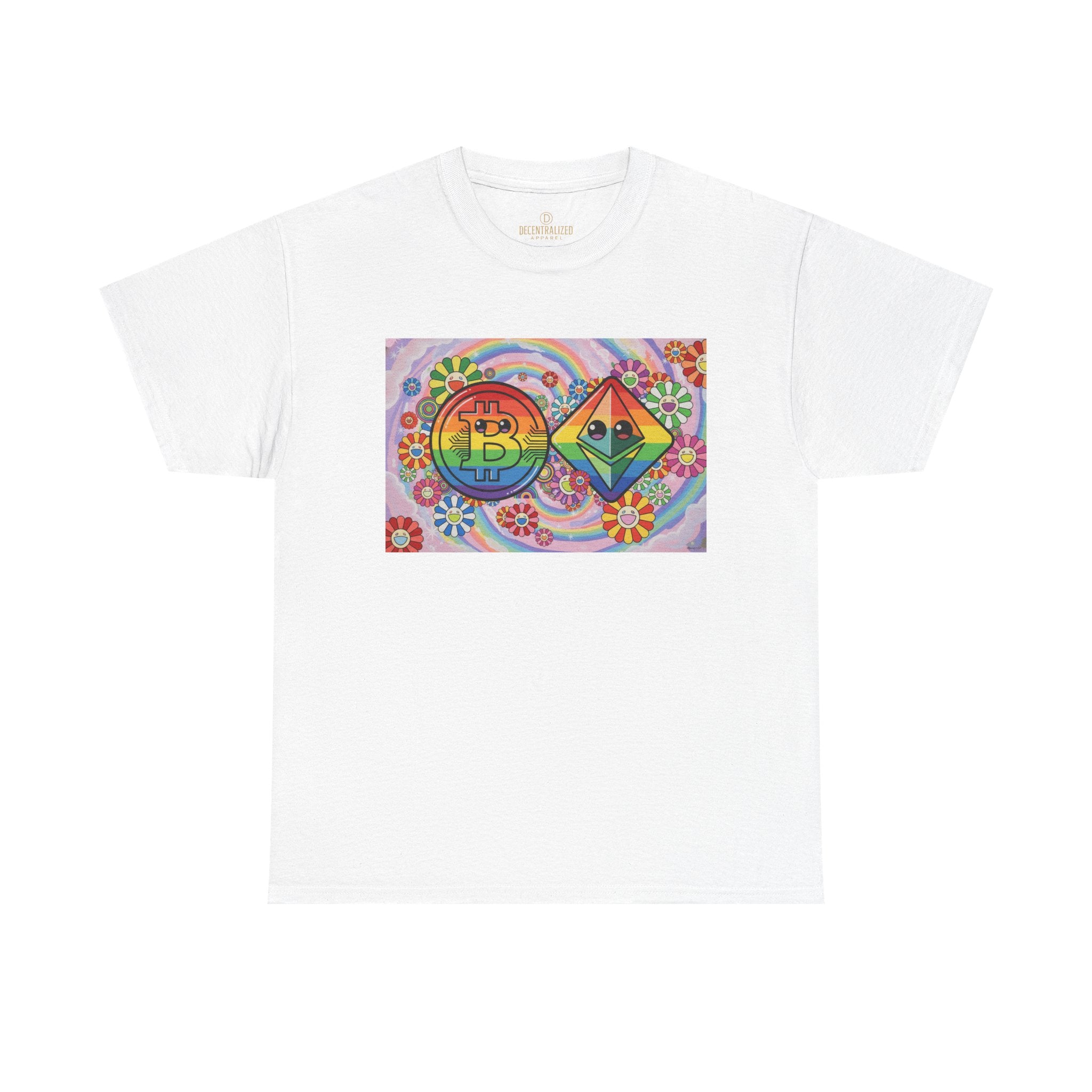 Crypto Rainbow T-Shirt — Bitcoin & Ethereum Hippie Art Tee