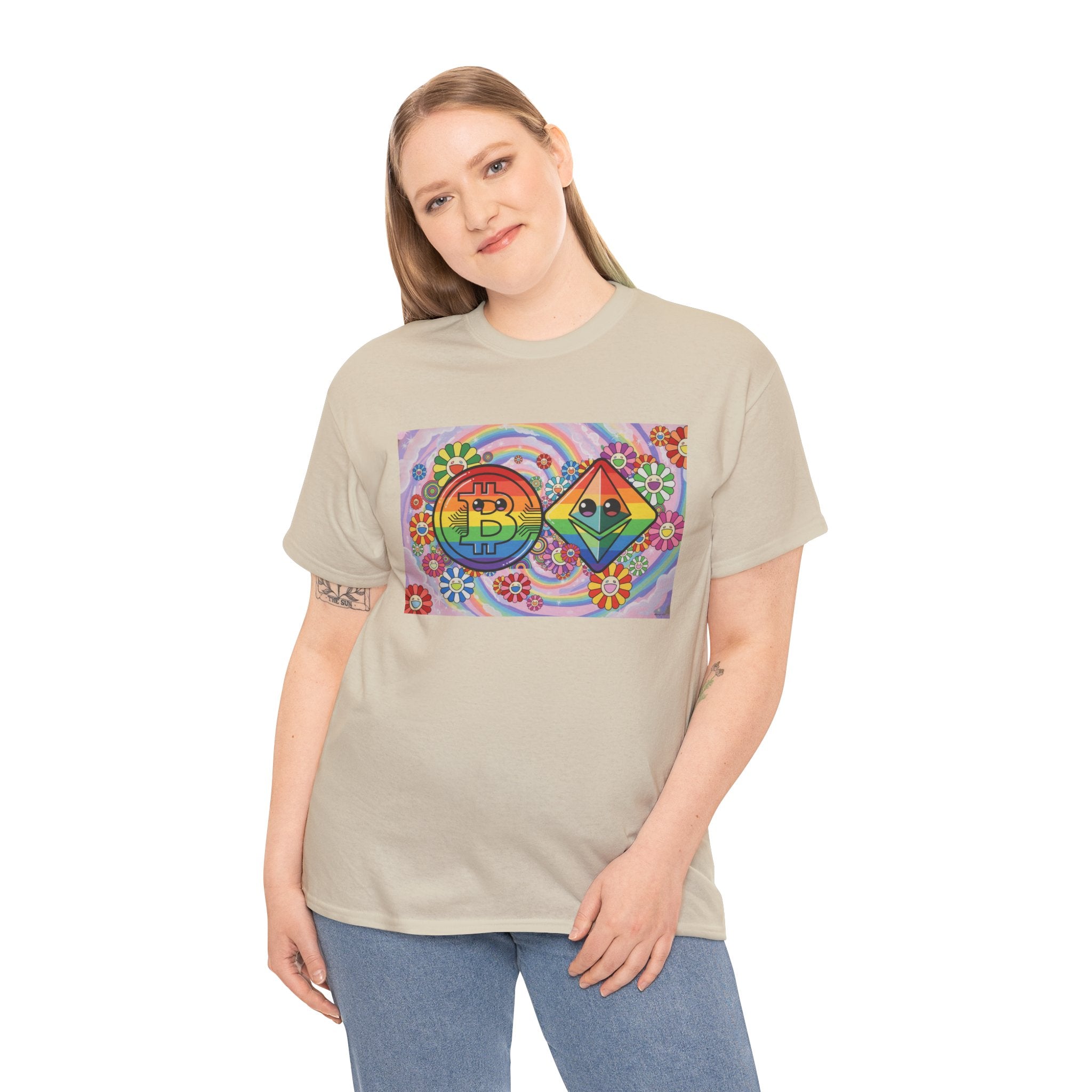 Crypto Rainbow T-Shirt — Bitcoin & Ethereum Hippie Art Tee