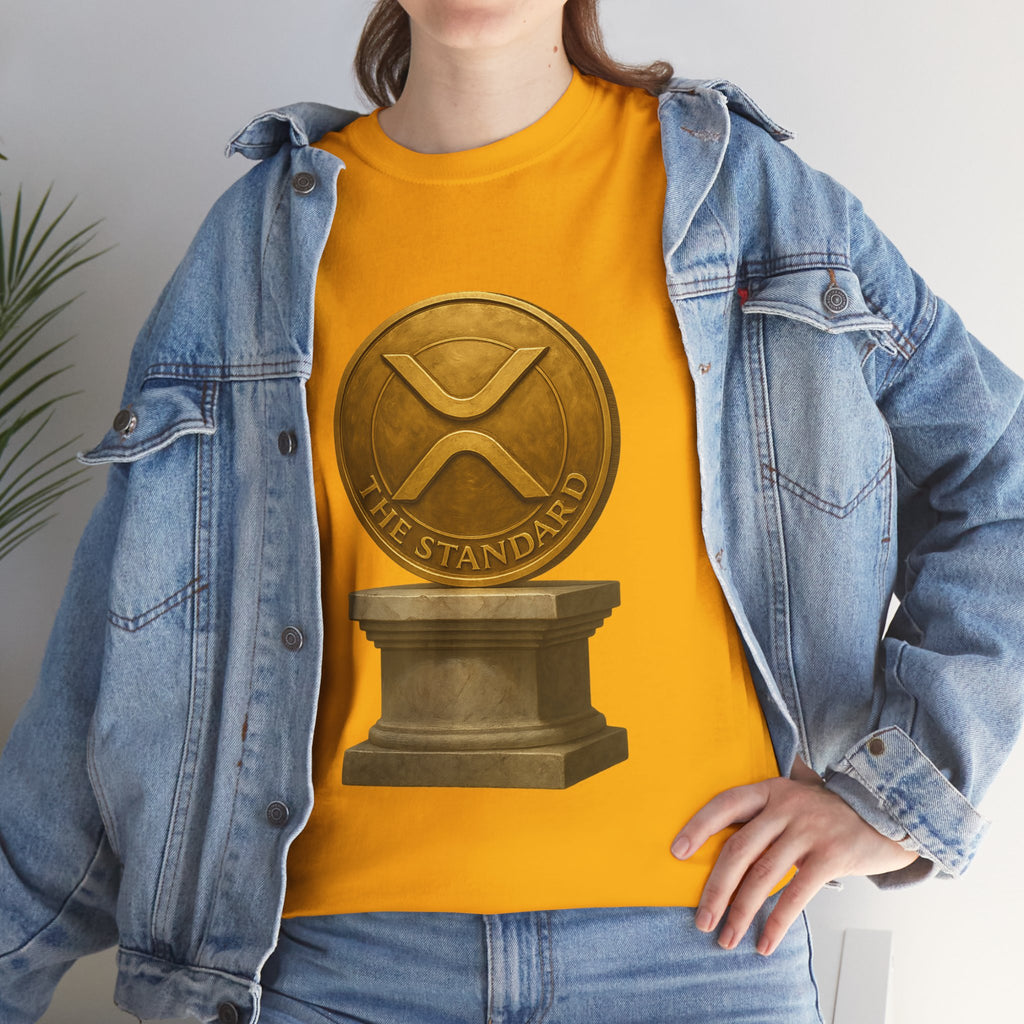 XRP Ledger Trophy T‑Shirt – Gold Ripple Coin on Pedestal Crypto Tee