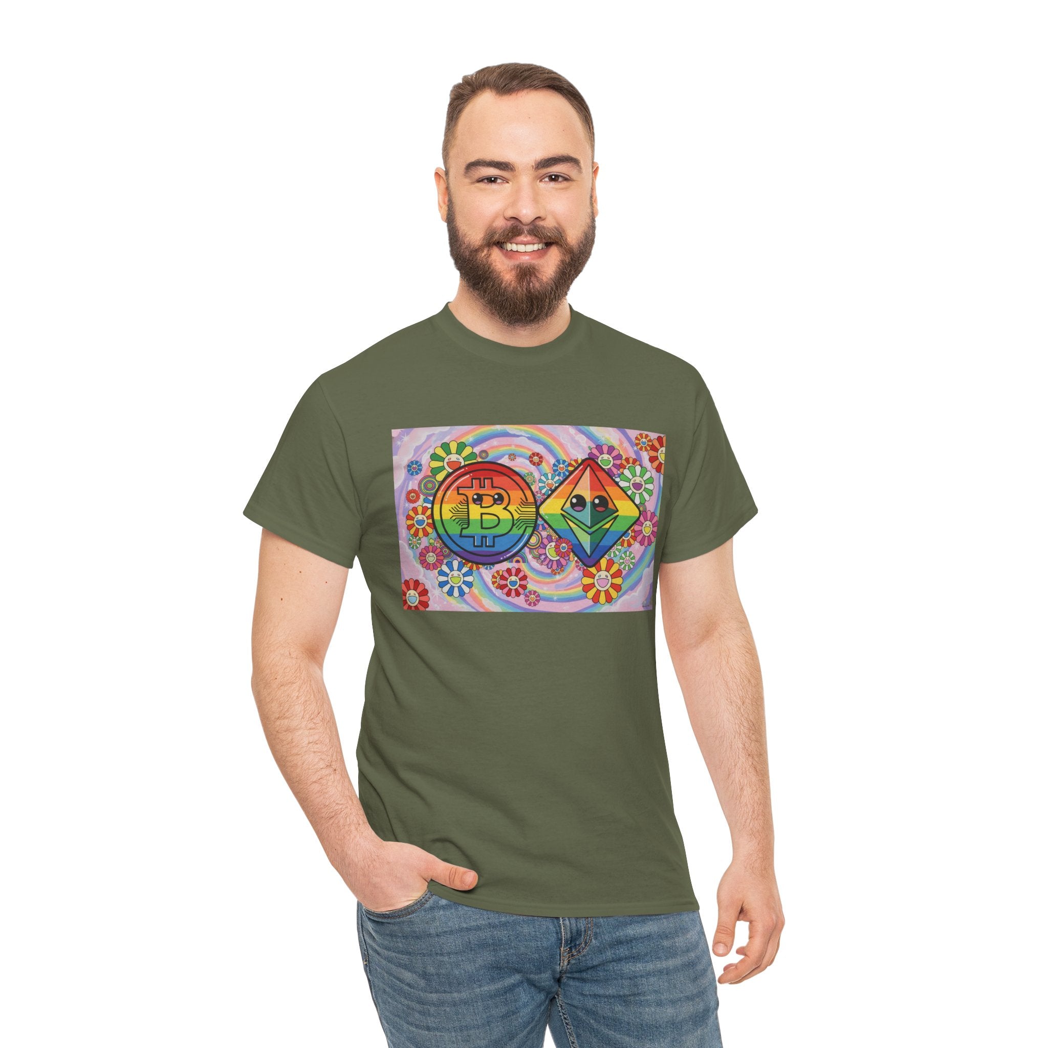 Crypto Rainbow T-Shirt — Bitcoin & Ethereum Hippie Art Tee