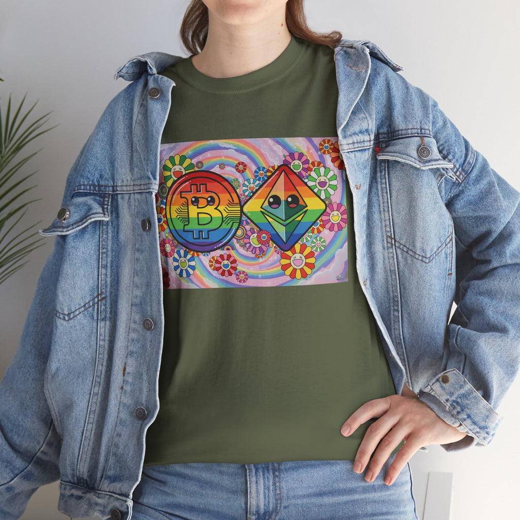 Crypto Rainbow T-Shirt — Bitcoin & Ethereum Hippie Art Tee