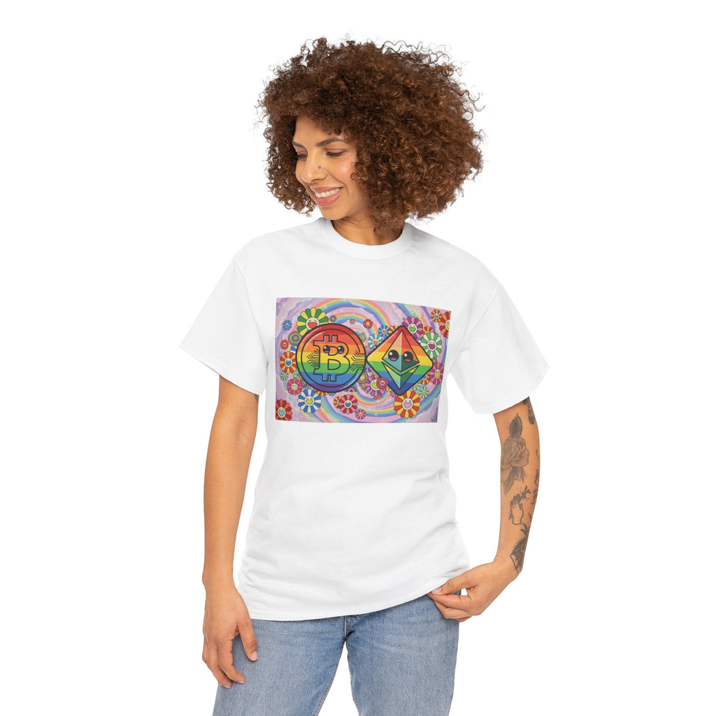 Crypto Rainbow T-Shirt — Bitcoin & Ethereum Hippie Art Tee