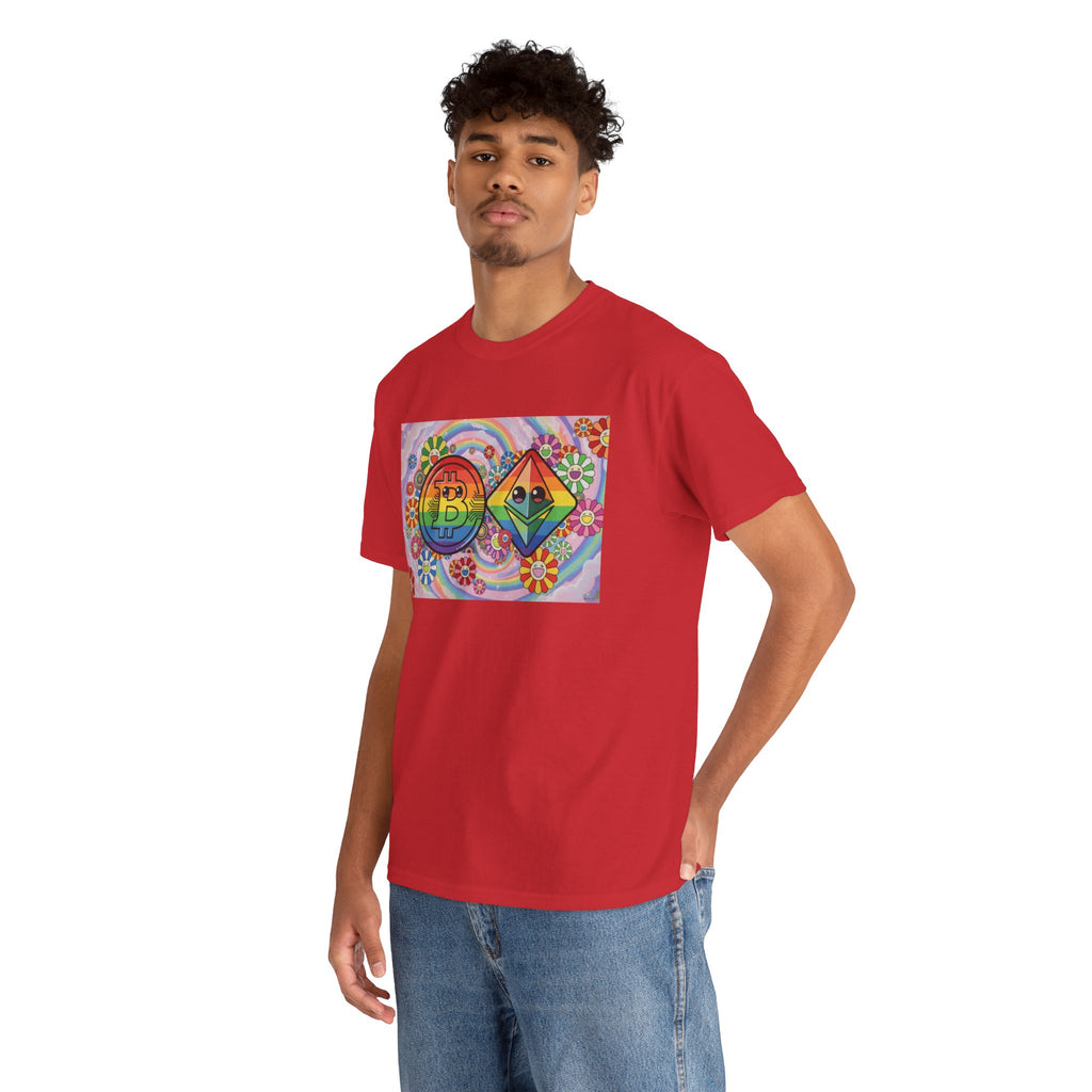 Crypto Rainbow T-Shirt — Bitcoin & Ethereum Hippie Art Tee