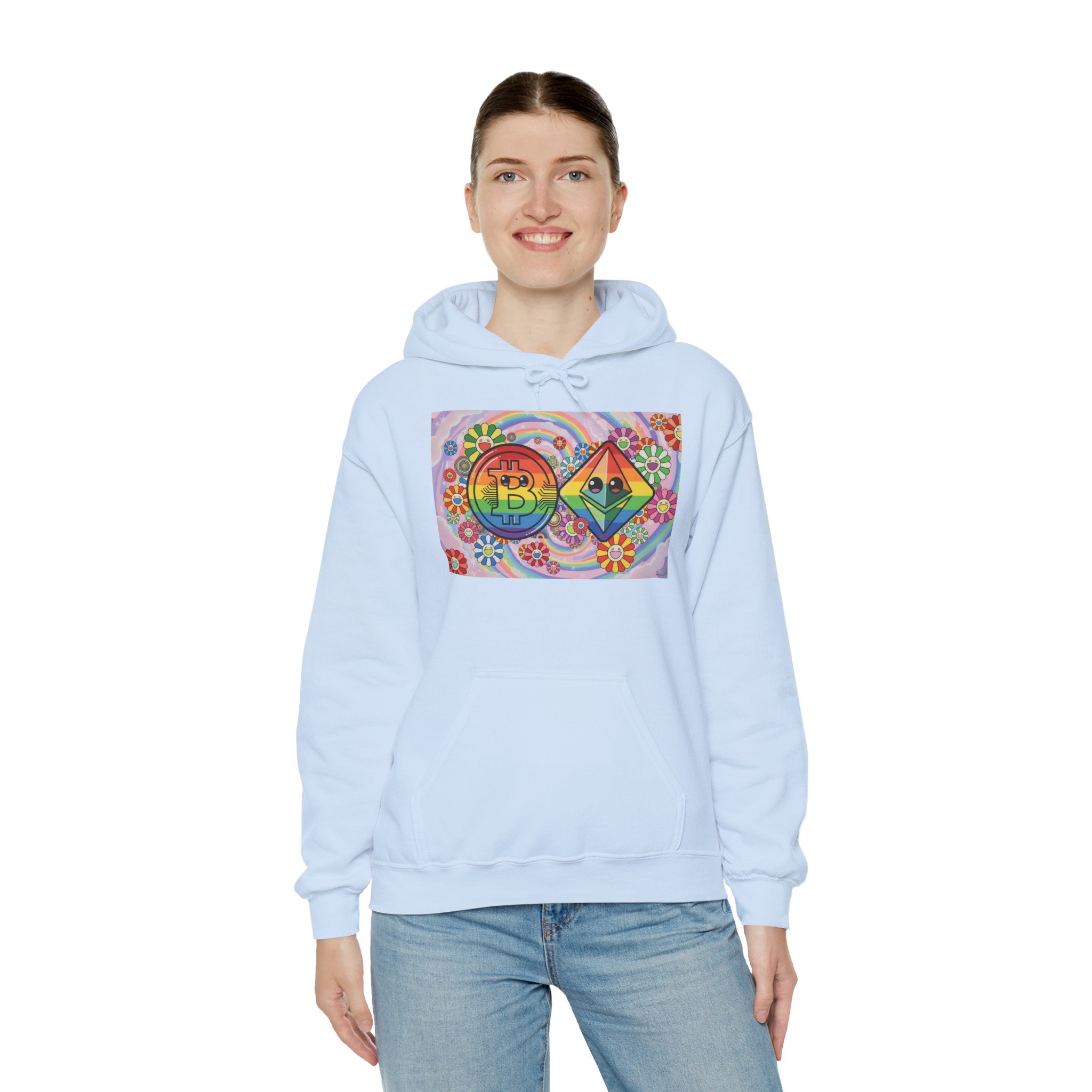 Crypto Flower Power Hoodie — Bitcoin & Ethereum Psychedelic Design
